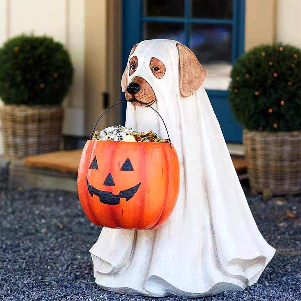 Halloween Candy Bowl - Asukohu Resin Pumpkin Candy Organizer with Dog & Cat Statue for Trick or Treat Decor | Perfect for Halloween Party, Home Decor & Gift Giving