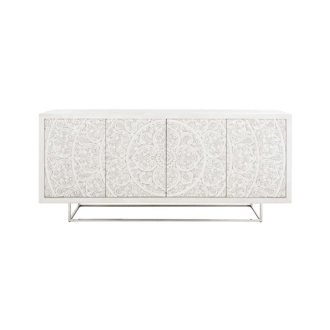 Hand Carved White Wood Sideboard with Metal Base - Indian Carving Buffet Table for Dining Room, Living Room & Entryway Storage