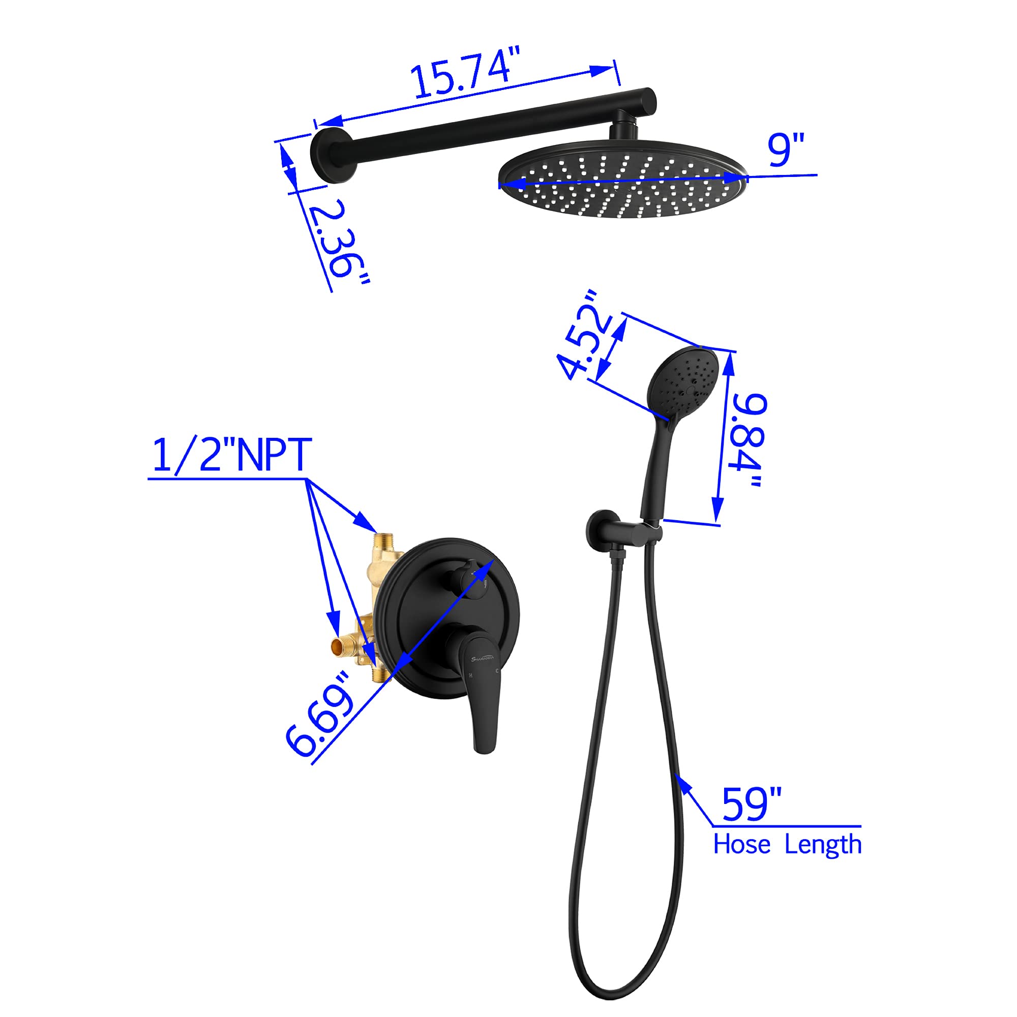 SHAMANDA Matte Black Wall Mounted Shower System - High Pressure 9