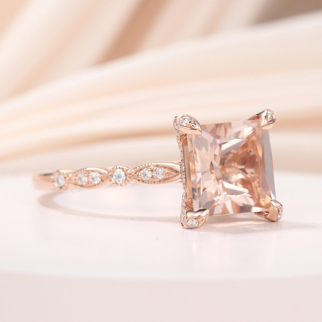 8mm Natural Morganite & Diamond Hidden Halo Rose Gold Wedding Ring for Women - Elegant Princess Style Engagement Ring, Perfect for Proposals, Anniversaries & Bridal Jewelry