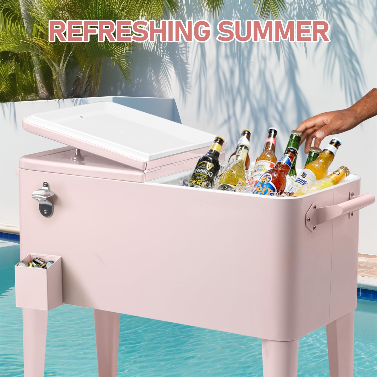 Outvita 80 Quart Rolling Ice Chest Cooler - Portable Wheeled Drink Cooler with Catch Basin, Bottom Storage Tray & Bottle Opener - Perfect for Outdoor Parties, BBQ, Beach Trips & Camping Adventures