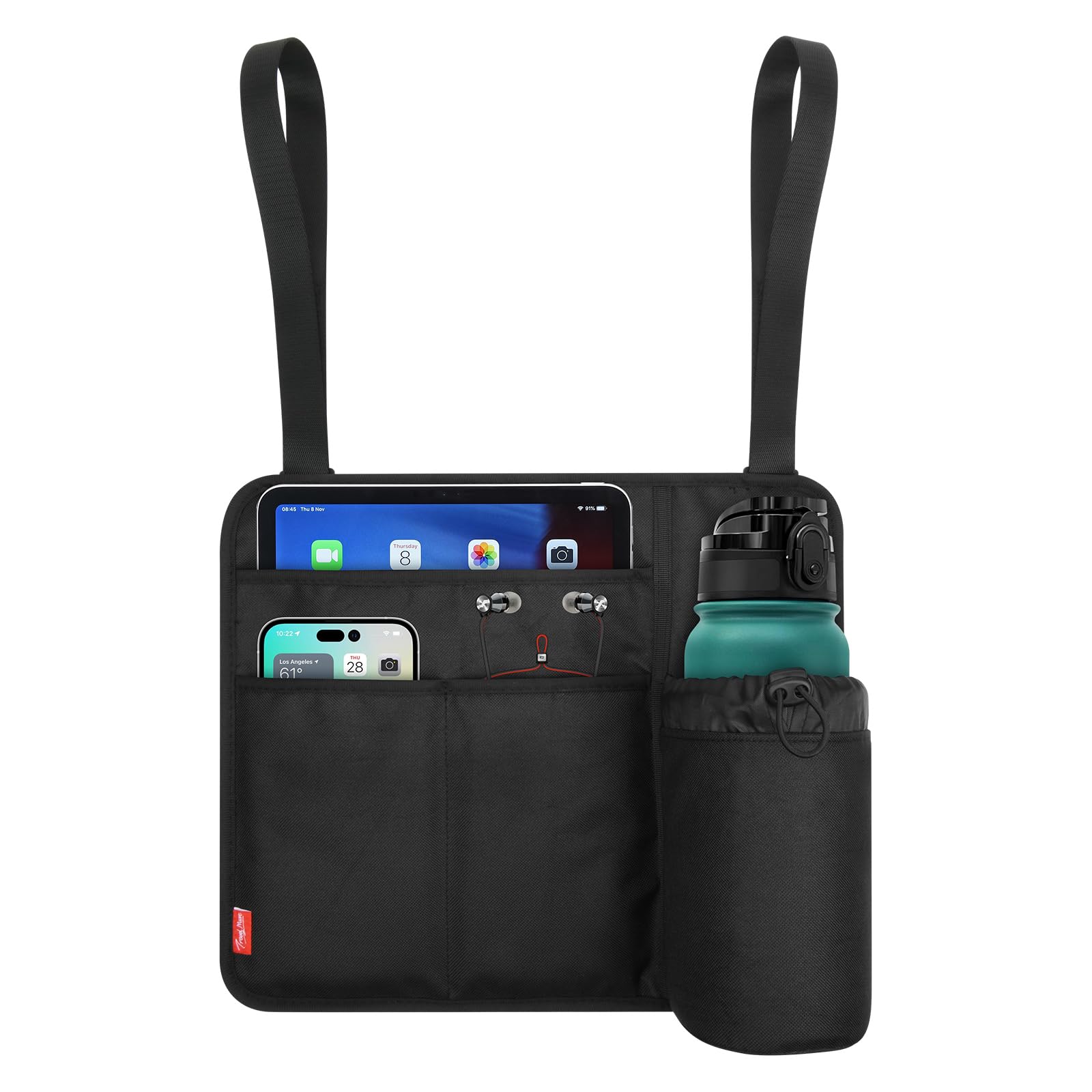 Airplane Seat Back Organizer with Storage Pockets - Reusable Travel Essentials Holder for Tablets, Cell Phone & Water Bottle - Tray Table Cover & Media Pouch for Airlines (Black) | Perfect for Long Flights & Family Travel