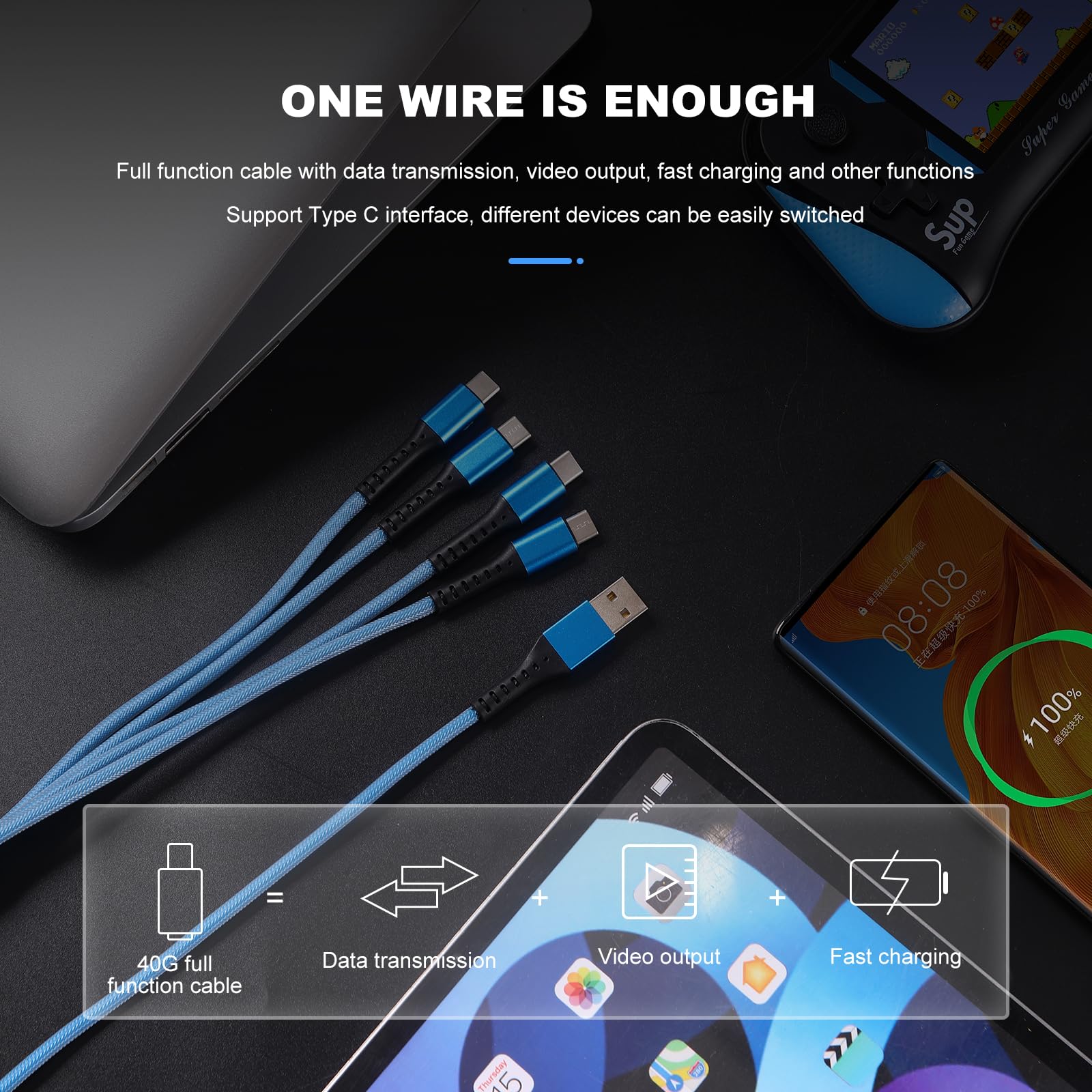 4-in-1 USB A to USB C Fast Charging Cable with QC 3.0 Technology - Compatible with iPhone 15/14/13, Samsung Galaxy, Huawei, Google Pixel, iPad & Nintendo Switch - Perfect for Home, Office & Travel Charging Needs