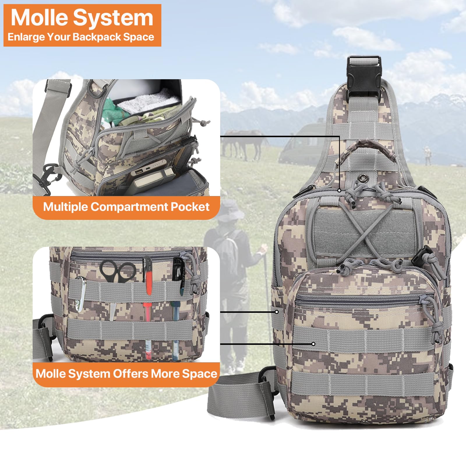 Tactical Sling Bag for Men - Small Crossbody Chest Bag with Adjustable Strap - EDC Shoulder Pack for Outdoor, Hiking, Travel & Everyday Carry (ACU Camo)