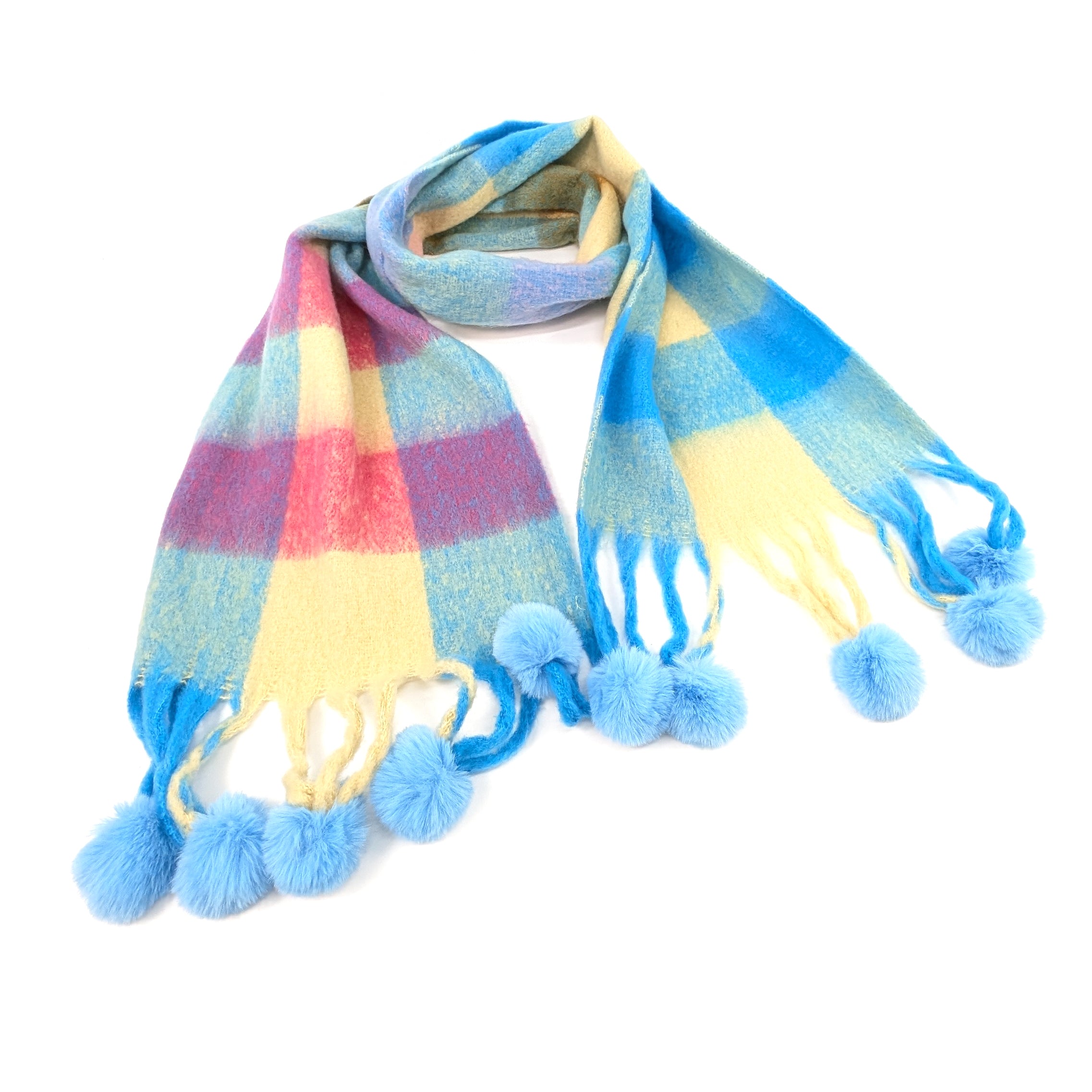 Extra Thick Check PomPom Scarf - 40x210cm Soft Winter Scarf for Women & Teens - Blue & Pink Plaid Fashion Scarf - Perfect for Cold Weather, Christmas Gifts & Outdoor Activities