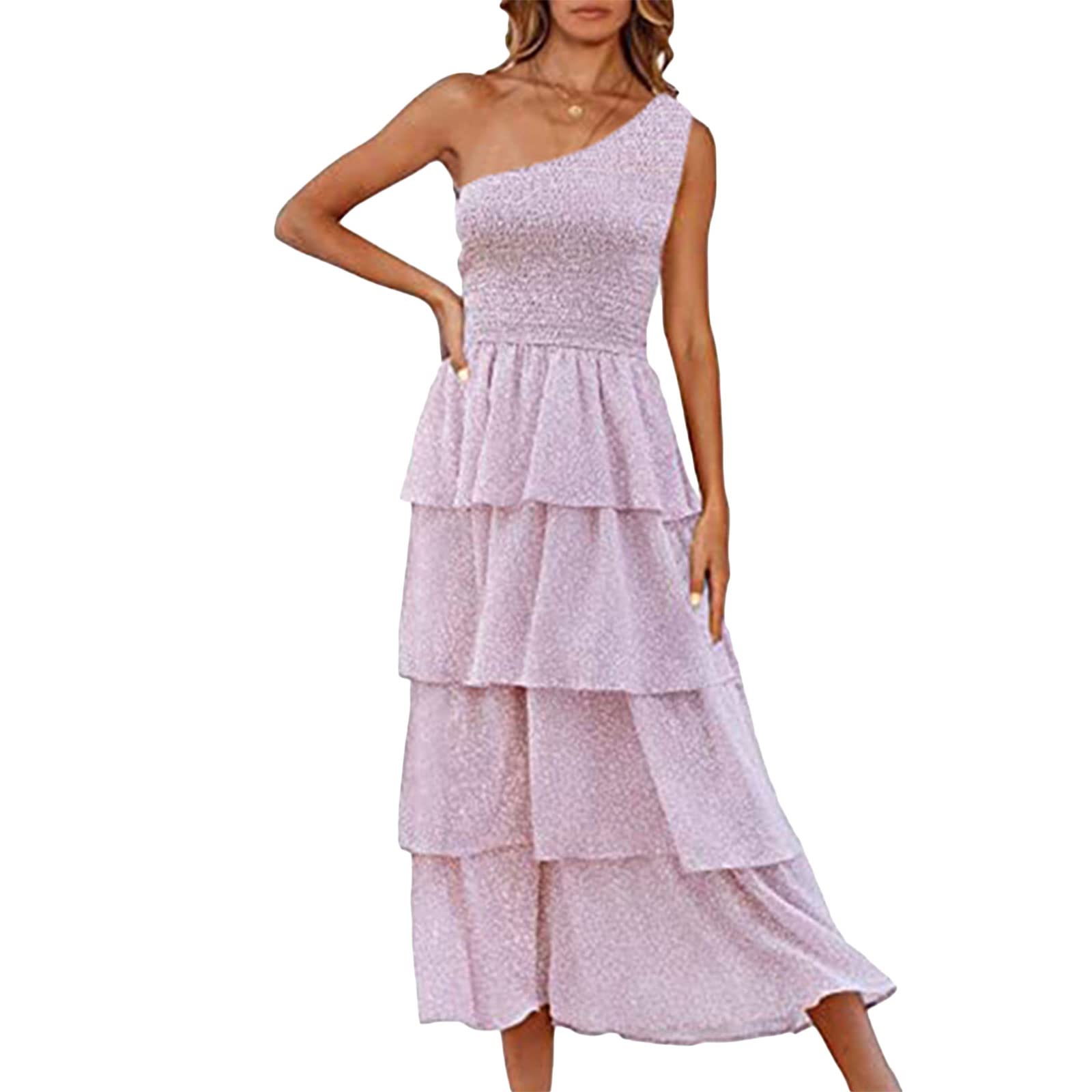 FUFUCAILLM Women's Casual Boho Floral Print One-Shoulder Long Maxi Dress - Sleeveless Ruffled Tiered Summer Dress for Beach Vacation, Party, and Outdoor Events