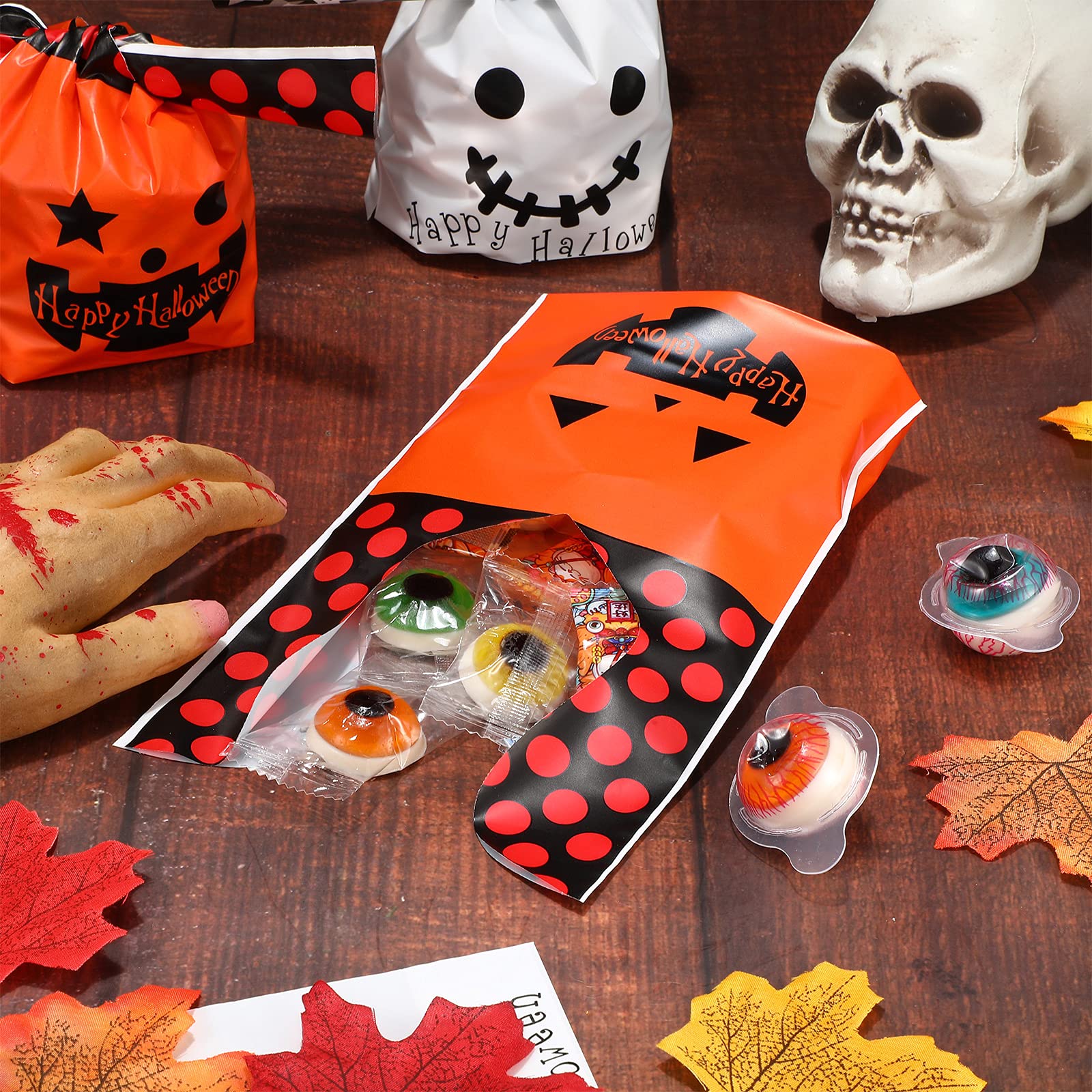 Chinco 100-Pack Halloween Plastic Candy Bags - Orange Pumpkin & White Ghost Treat Bags for Party Favors, Snacks & Decorations | Halloween Party Supplies, Trick-or-Treat Bags, Candy Containers for School Events & Neighborhood Halloween Celebrations