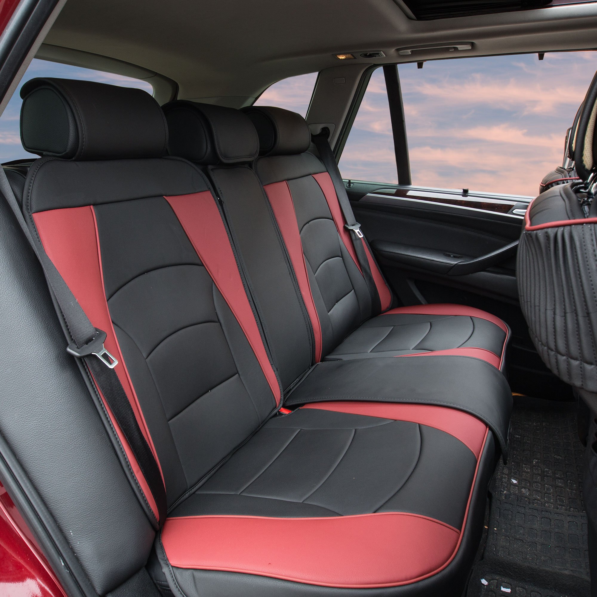 TLH Ultra Comfort Leatherette Burgundy Car Seat Cushions Set with Non-Slip Dash Mat - Universal Fit for Cars, Trucks & SUVs | Faux Leather Waterproof Seat Covers for Driving Comfort & Back Support | Perfect for Commuting, Road Trips & Long Drives