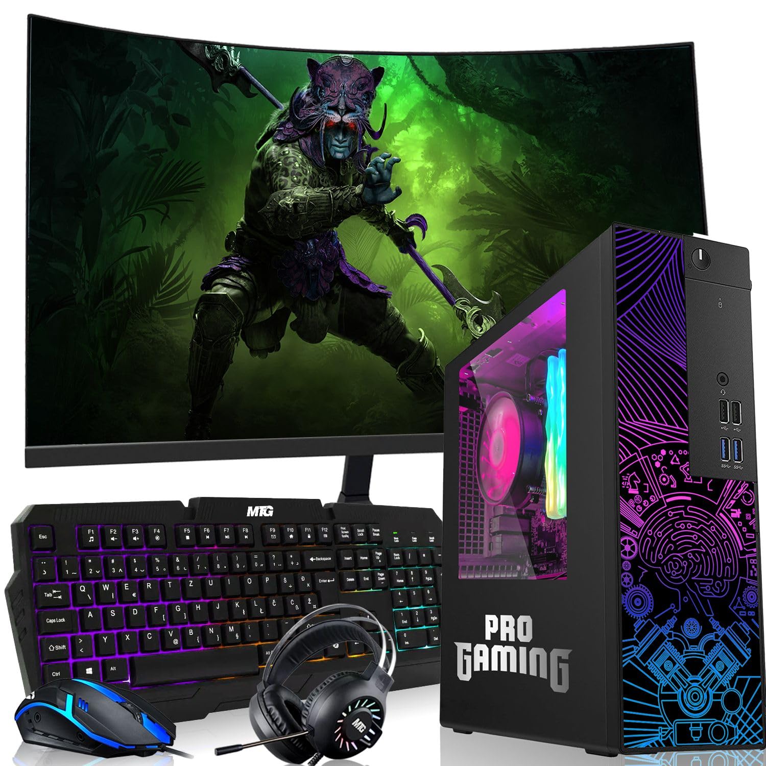 TechMagnet RGB Gaming Desktop PC - Intel Core i5, 32GB ARGB RAM, 256GB SSD, GT-1030 GPU, 27 inch Curved Monitor with RGB Keyboard (AI Copilot Key), Mouse & Headset, Windows 10 Pro (Renewed) - Perfect for Esports, Streaming & Home Office