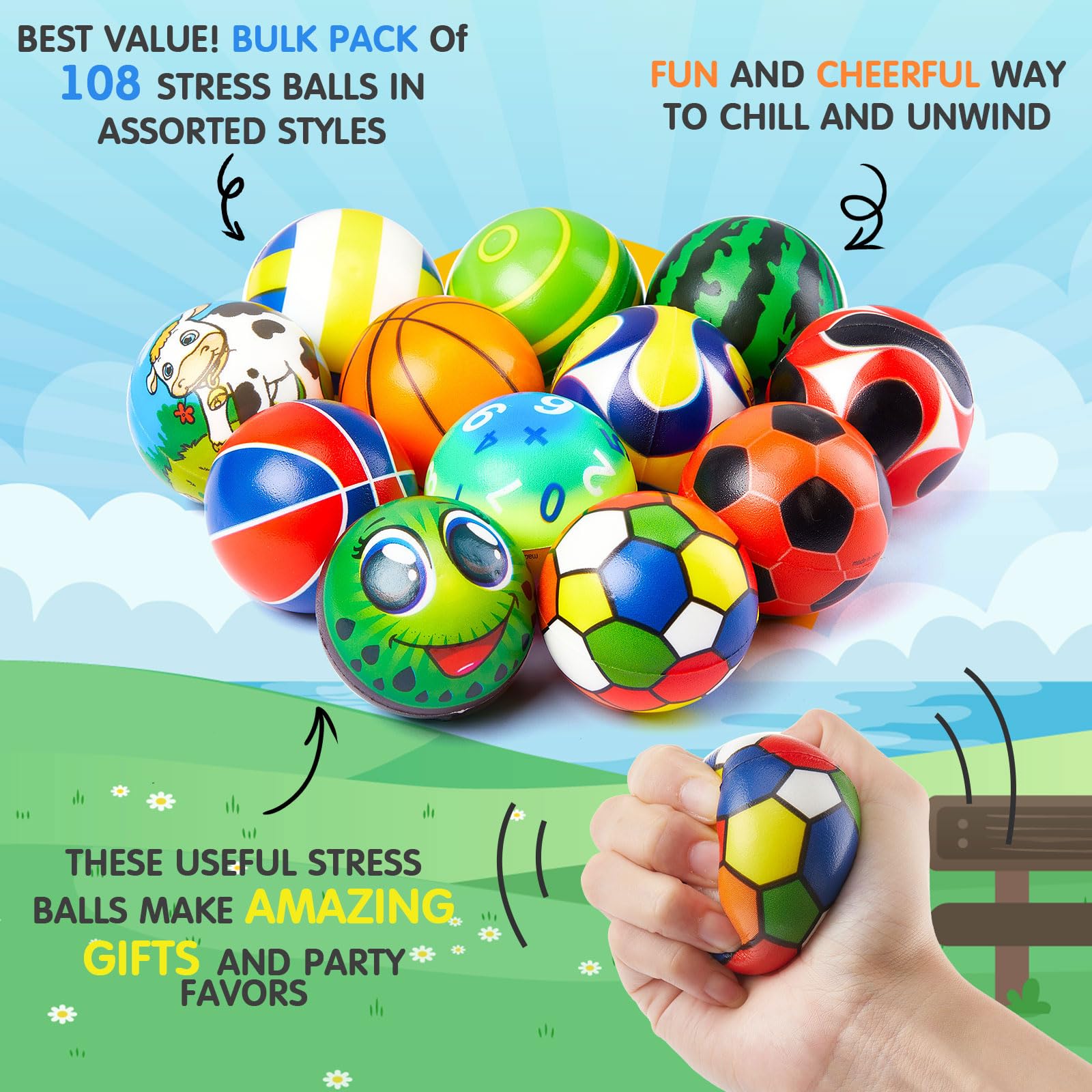 108 Pcs Mini Stress Balls Bulk - 2.4 Inch Sensory Fidget Toys for Stress Relief, Hand Exercise & Party Favors - Soft Assorted Stress Balls for Adults, Teens, Classroom Prizes, Treasure Box & Office Desk Relaxation