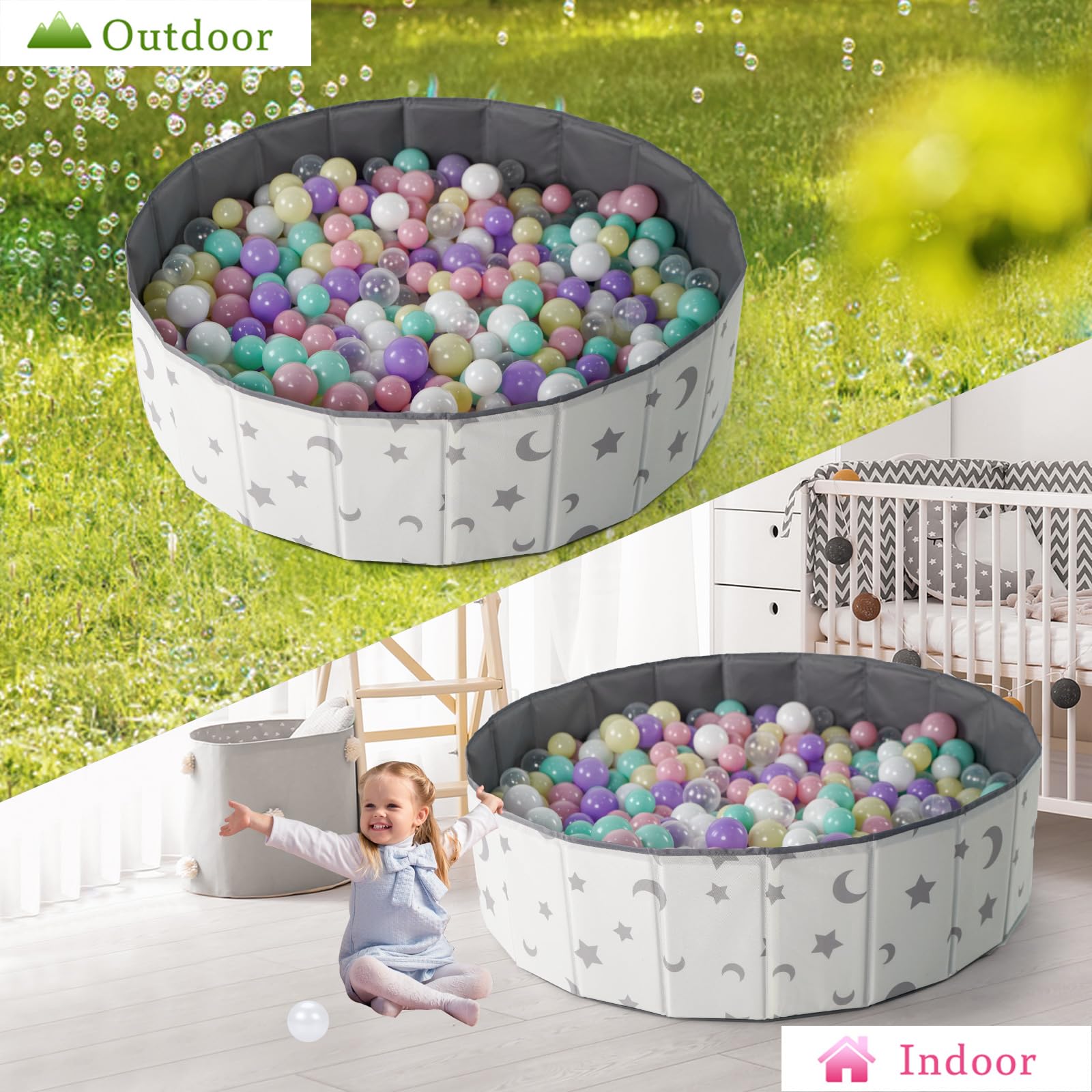 40Inch Kids Ball Pit - Foldable, Portable & Reusable Toddler Playpen with Balls, Indoor/Outdoor Baby Play Pool, Dog Playpen Fence, Oversized Star/Moon Design - Perfect for Birthday Parties, Daycare Centers & Backyard Fun