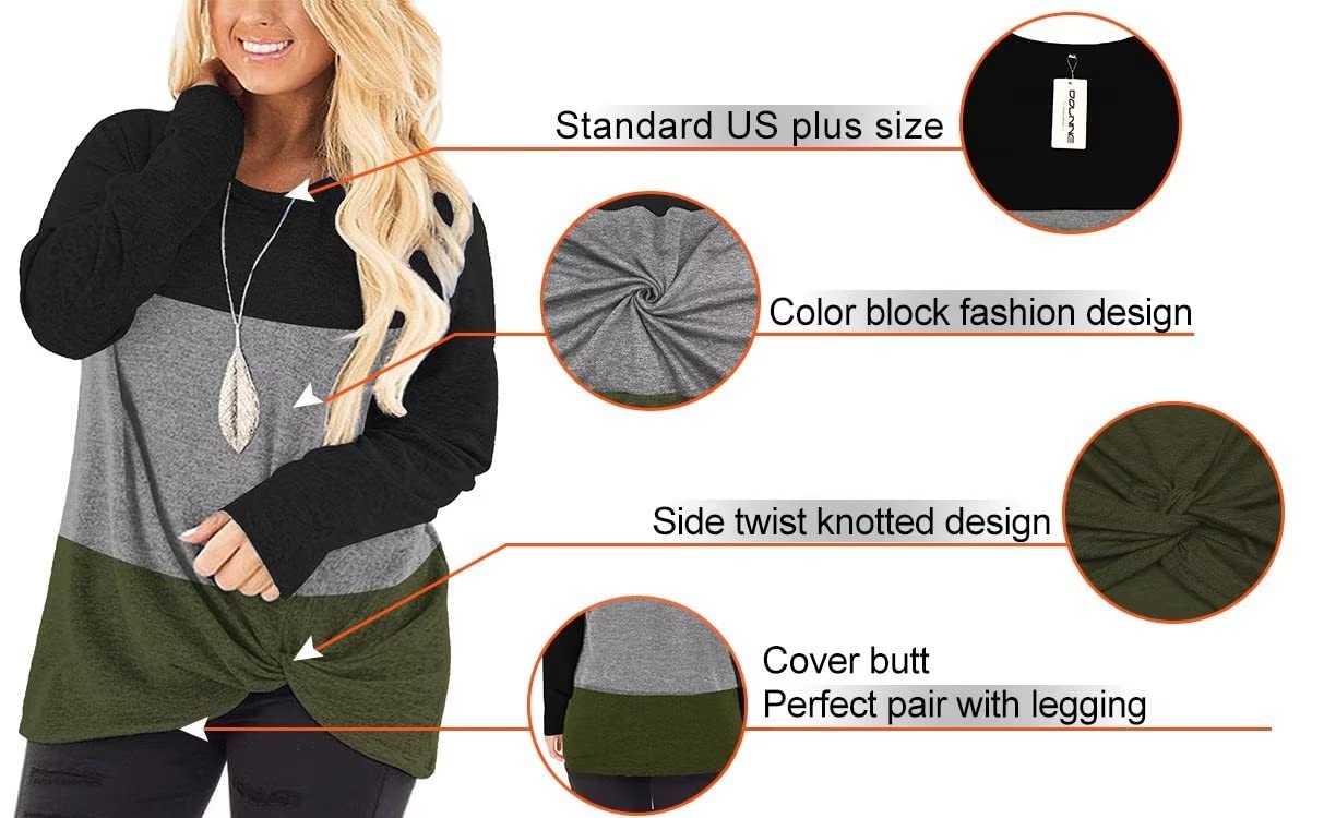 DOLNINE Women's Plus Size Knotted Tops Long Sleeve T-Shirts - Loose Casual Blouse for Women | Comfortable Stretchy Fabric for Everyday Wear, Work & Date Night Outfits