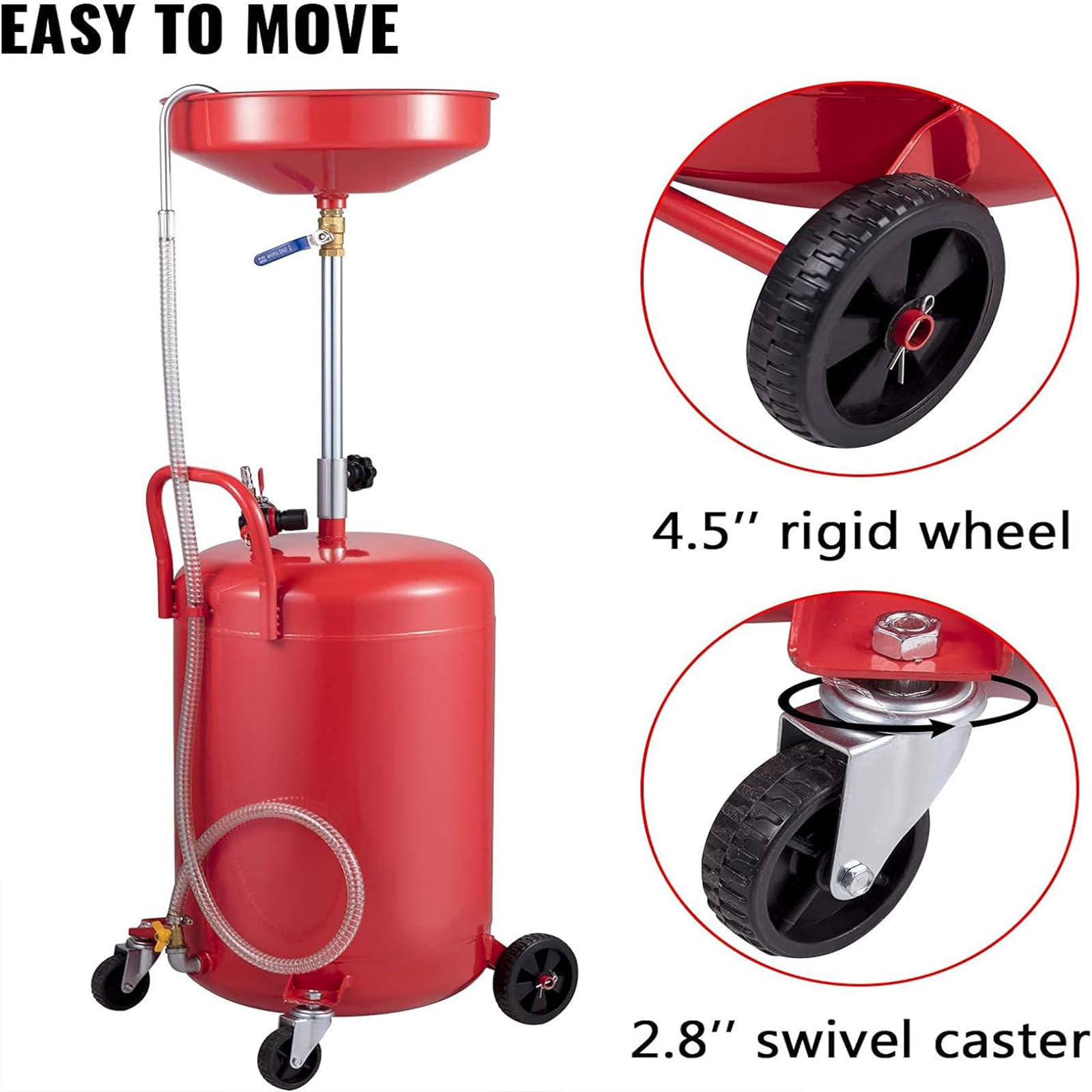 VEVOR 20 Gallon Portable Oil Drain Tank - Air Operated Waste Oil Drain Pan with Adjustable Funnel Height, Pressure Regulating Valve & Wheels - Ideal for Auto Shops, Garage Oil Changes & Industrial Fluid Drainage