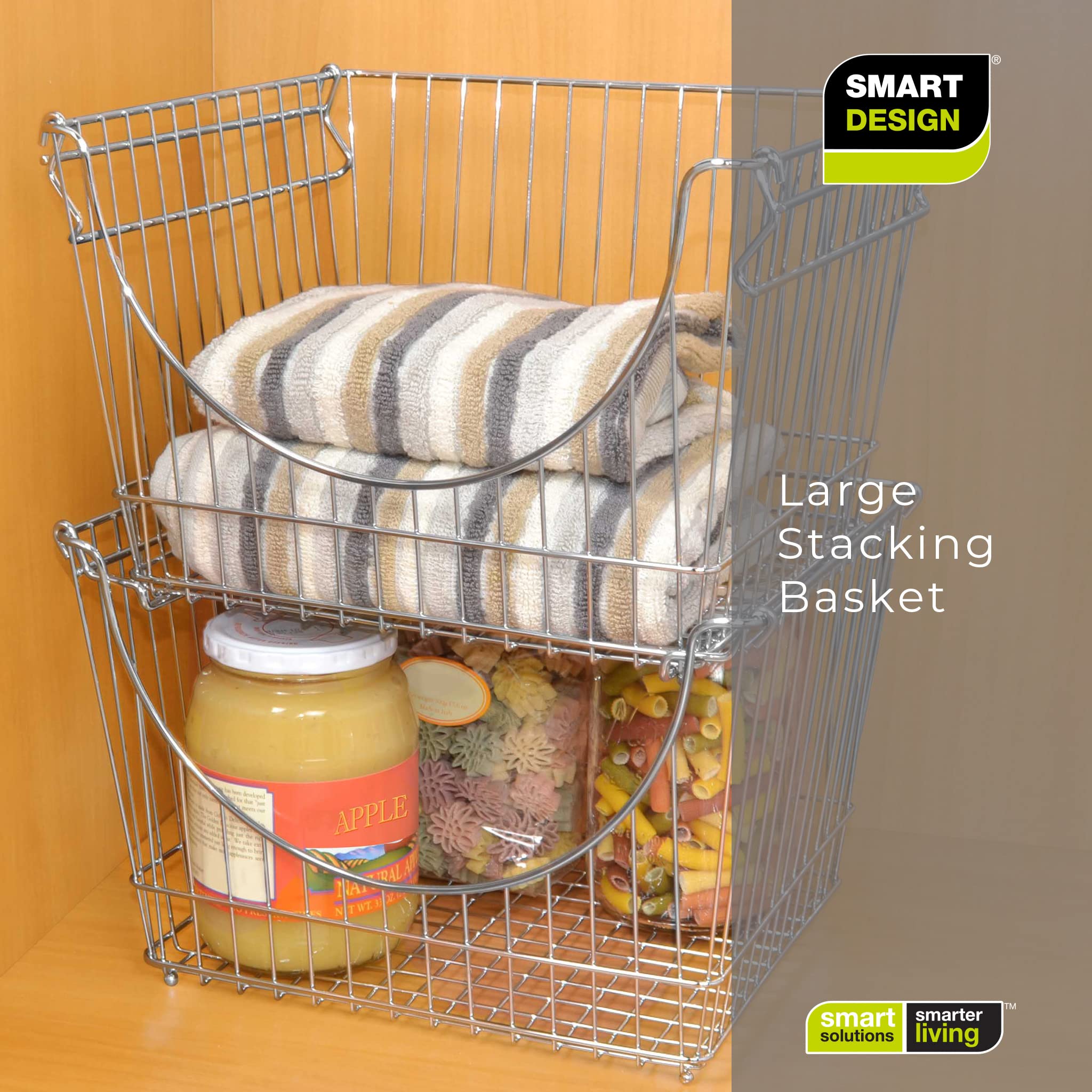 Smart Stacking Baskets with Handles - Set of 2 Large Steel Wire Storage Bins for Fruits, Vegetables & Pantry Organization (12.5