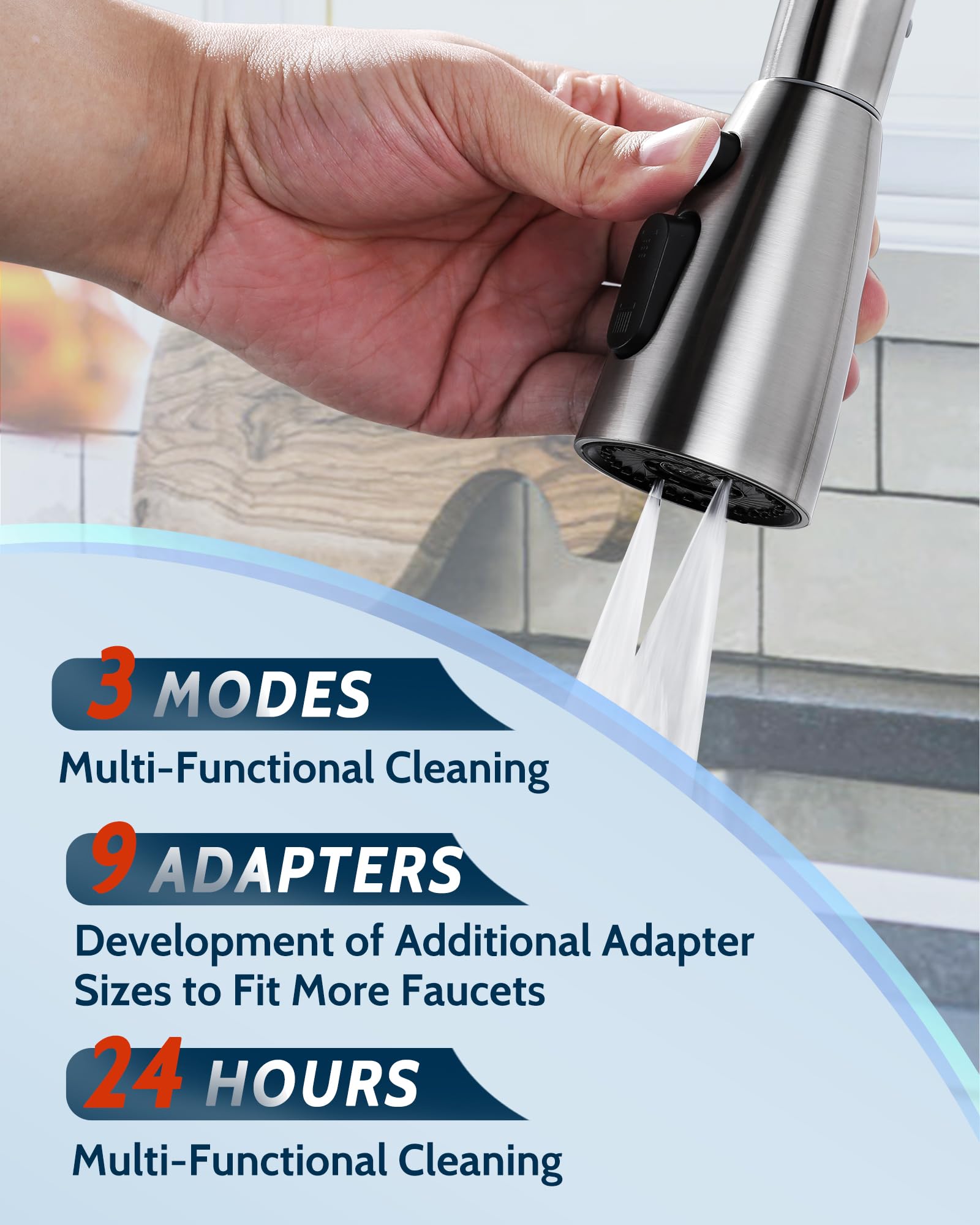 Stainless Steel Kitchen Faucet Head Replacement - 3 Mode Pull Out Spray Nozzle with 9 Adapters, Compatible with Moen Kohler Delta G1/2 Faucets (Brushed Nickel) - Perfect for Kitchen Sink Upgrades & Dishwashing