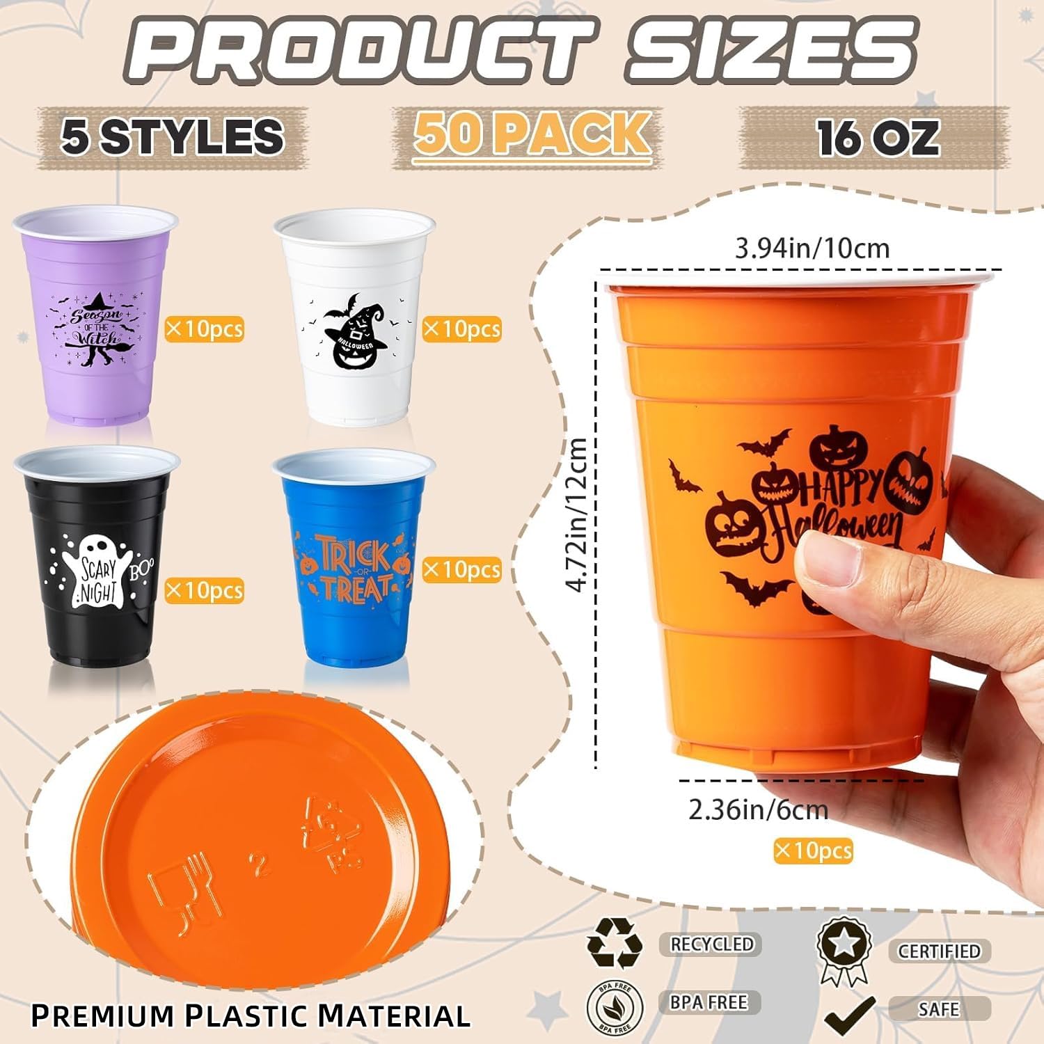 GuassLee 50 Pack Halloween Disposable Cups - 16Oz Colorful Plastic Party Cups Set (5 Styles) for Halloween Party, Coffee, Wine, Hot & Cold Drinks - Perfect for Halloween Celebrations, Office Parties, and Family Gatherings