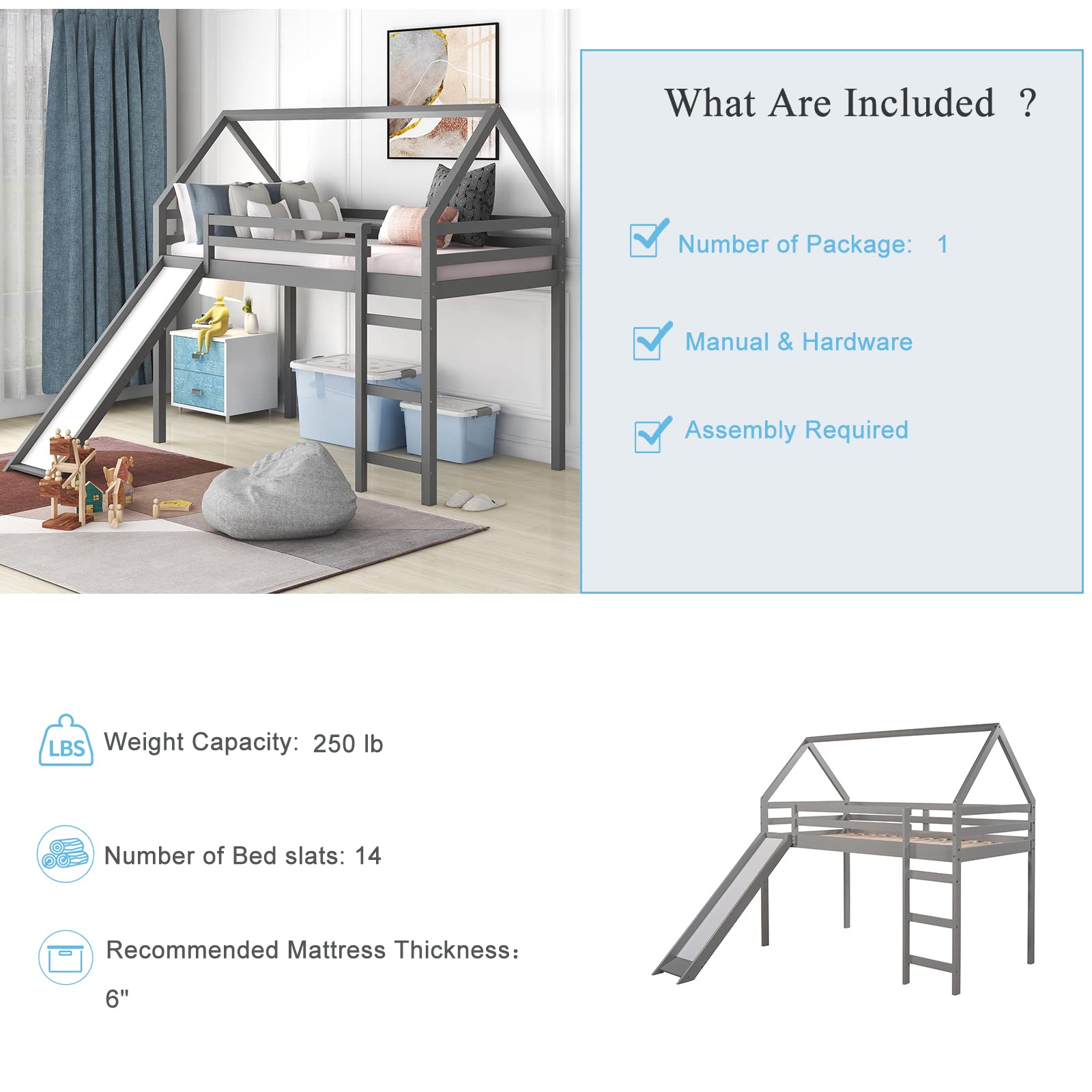 Kids Loft Bed with Slide & Ladder - Twin Size Playhouse Bunk Bed for Toddlers & Children - Gray - Perfect for Small Bedrooms, Playrooms & Kids' Sleepovers