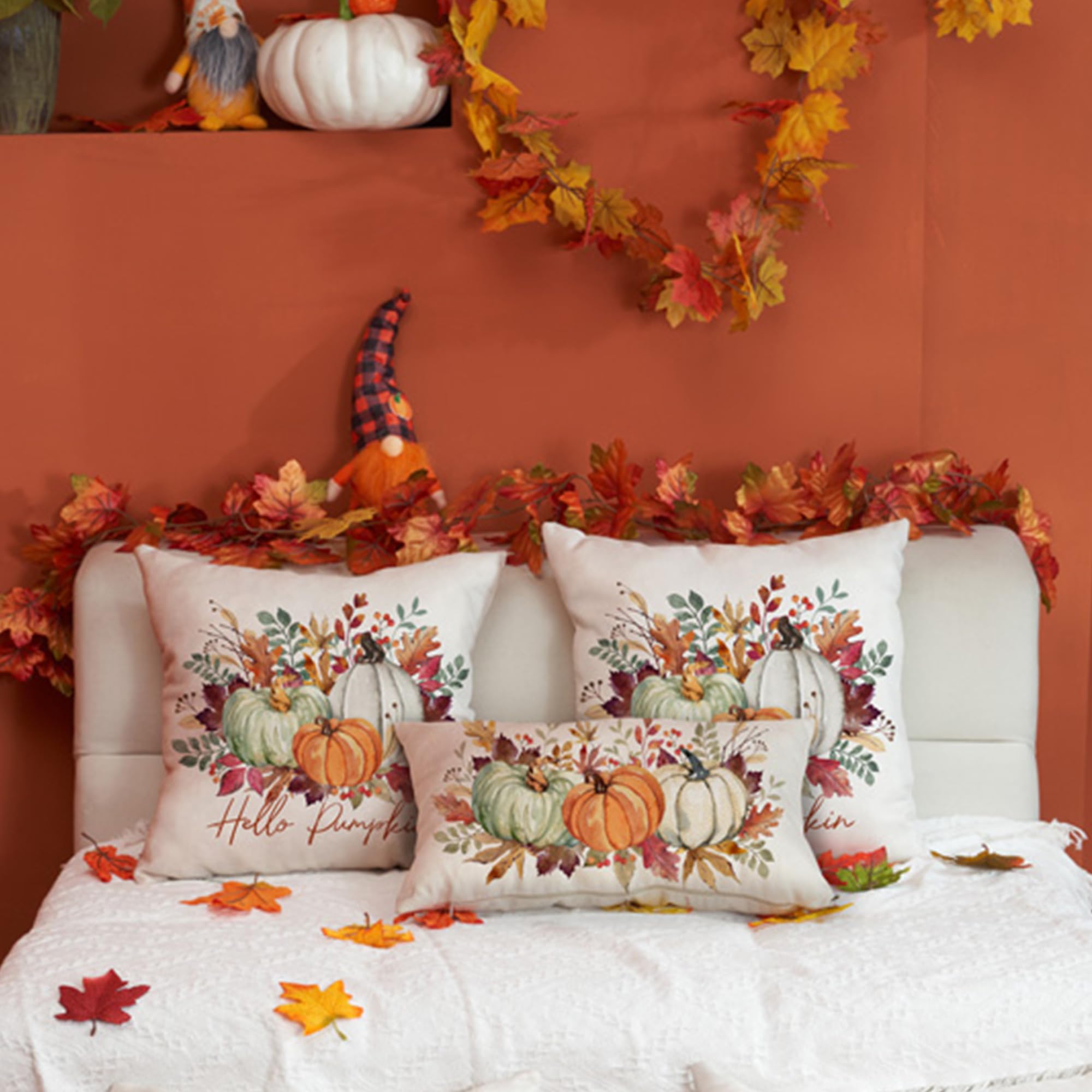 DFXSZ 12x20 Inch Fall Thanksgiving Pillow Covers - Orange White Green Pumpkin Maple Leaf Lumbar Cushion Covers, Soft Polyester Home Decor for Sofa, Couch, Living Room | Seasonal Autumn Thanksgiving Decoration