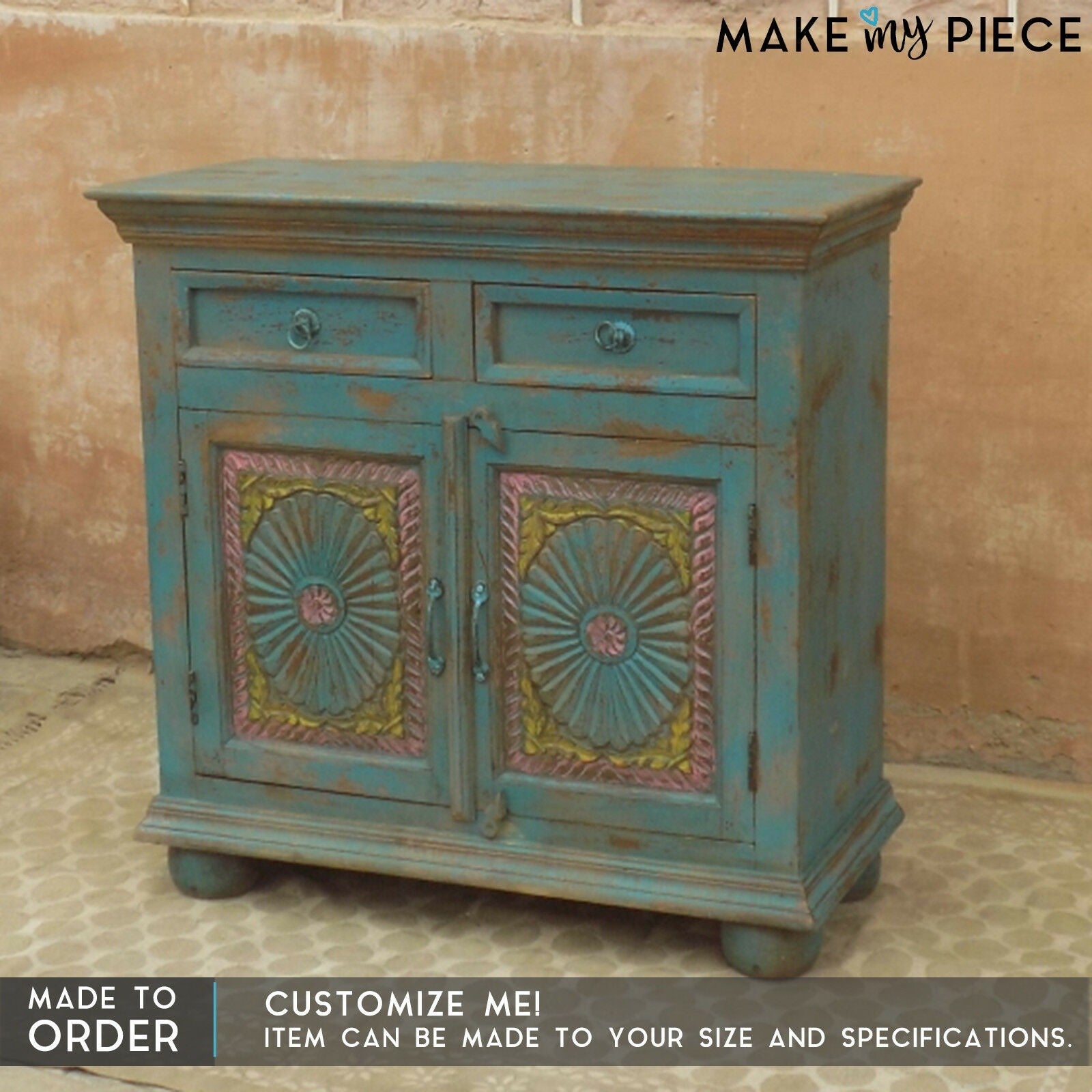 Hand Carved Solid Wood Sideboard - Rustic Blue 1M Wide Buffet Cabinet for Dining Room, Farmhouse Decor, Kitchen Storage & Entryway Furniture
