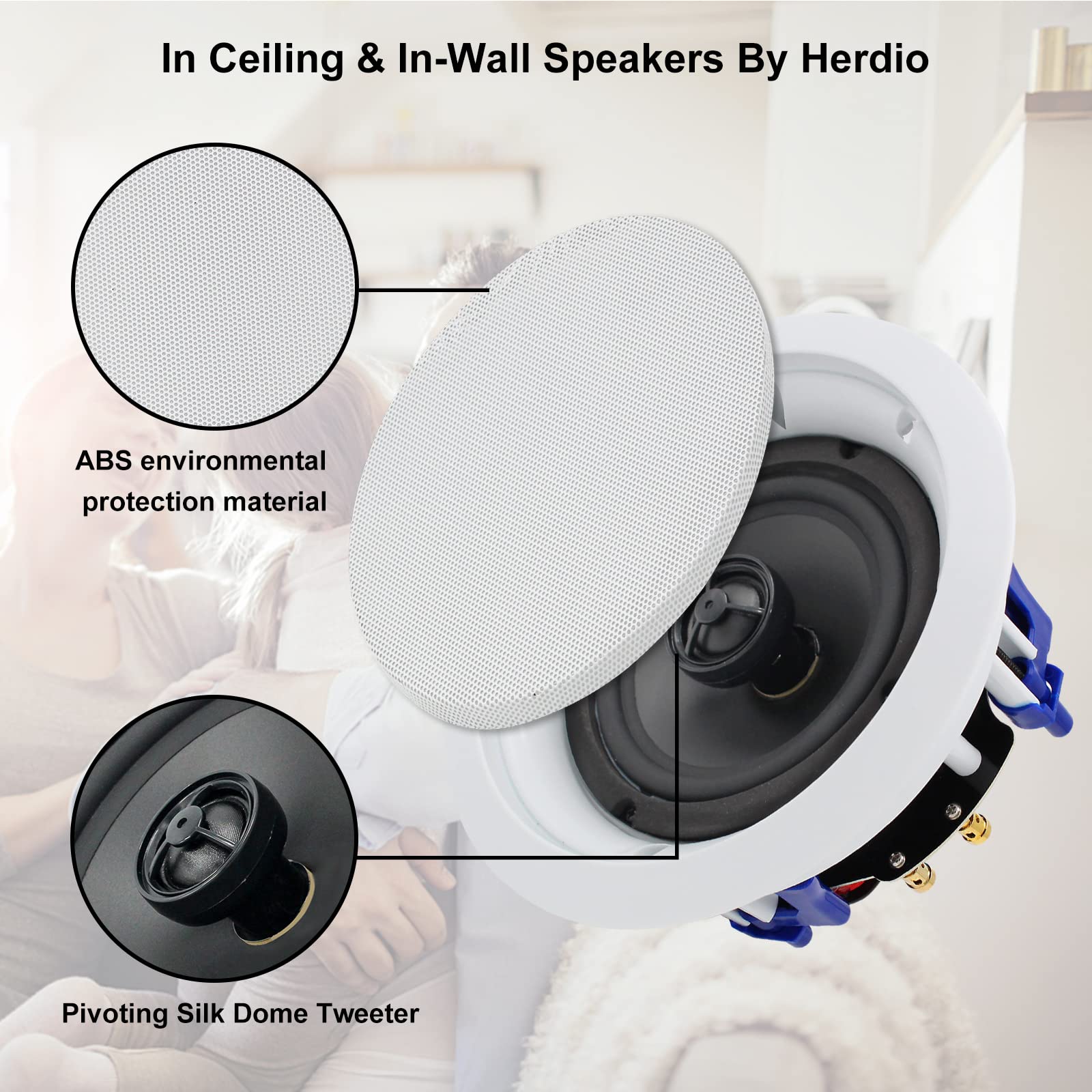 Herdio 5.25 Inch Bluetooth Ceiling Speakers - 600W Max Power, 2-Way Flush Mount & Wall Mount - Compatible with Amplifier Receiver - Perfect for Home Theater, Bathroom, Living Room, Kitchen, Office (Set of 4 Speakers) - Enjoy Wireless Music Streaming for Parties, Background Music & Multi-Room Audio