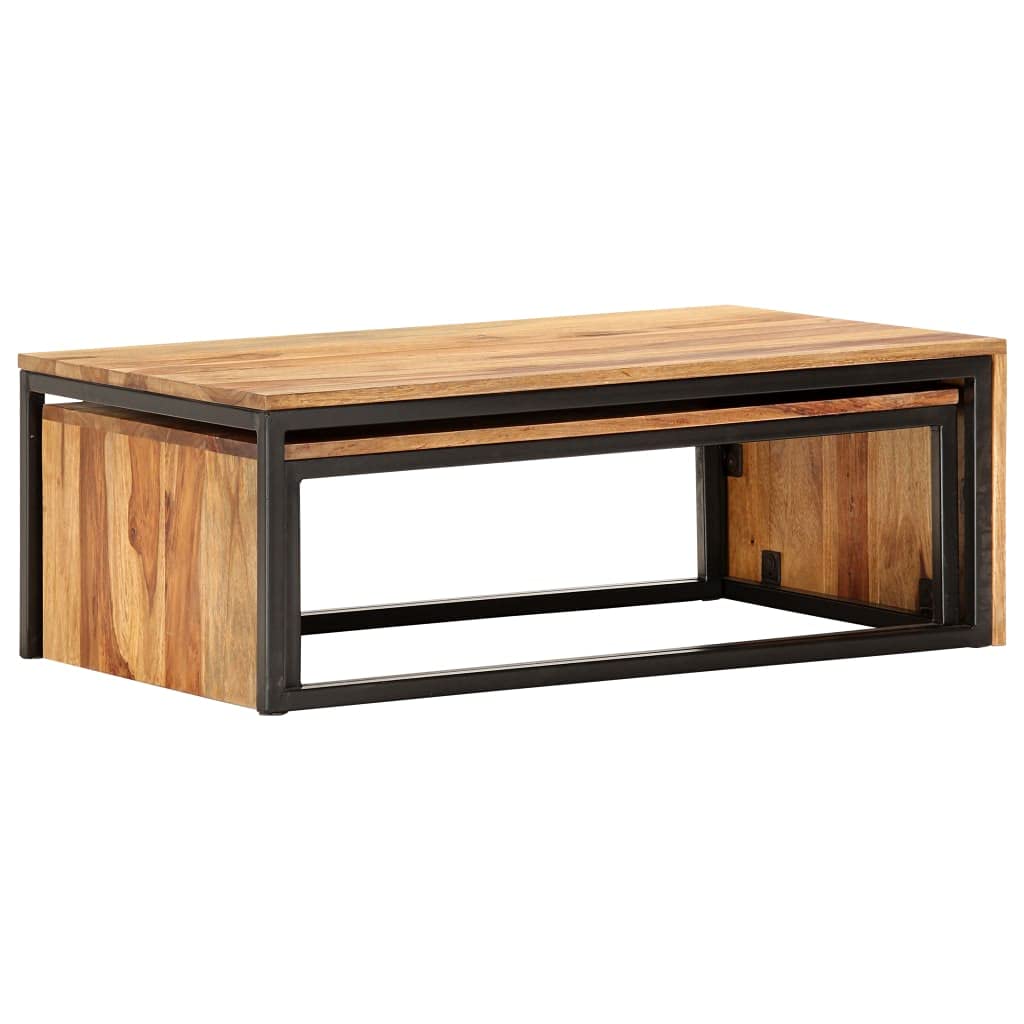 Industrial Style Nesting Tables Set of 2 - Metal Frame & Solid Sheesham Wood Coffee Tables - Modern Side Tables for Living Room, Sofa, Couch - Perfect for Tea Time, Reading & Home Decor
