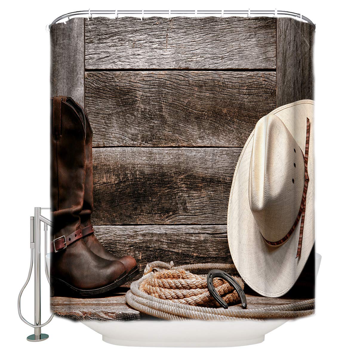American West Rodeo Cowboy Waterproof Shower Curtain Set - 36x72 Inch Rustic Leather Boots & Wood Grain Design, Polyester Fabric Bathroom Decor with 12 Hooks - Perfect for Western Themed Bathrooms, Ranch Homes & Country Style Decor