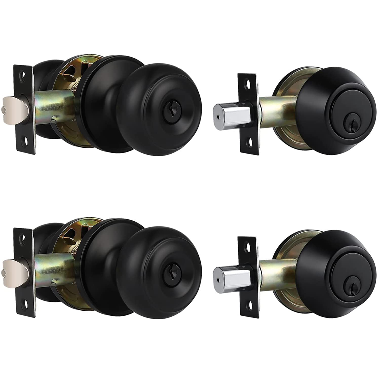 2 Pack Keyed Alike Door Knobs & Deadbolt Lock Set - Matte Black for Home Security