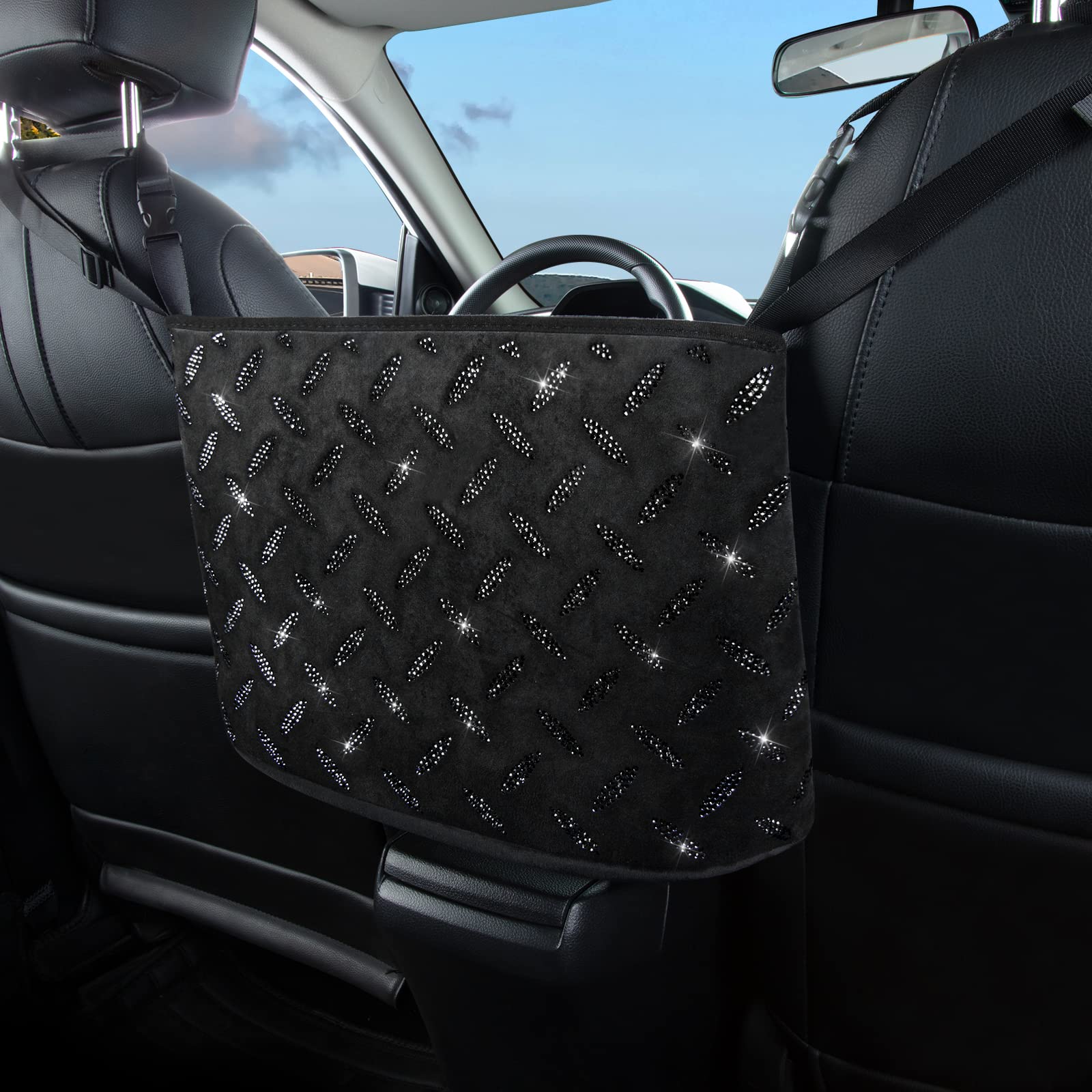 Crystal Car Organizer with Bling Diamonds - Purse & Handbag Holder for Women, Pet Barrier for Dogs & Kids - Black