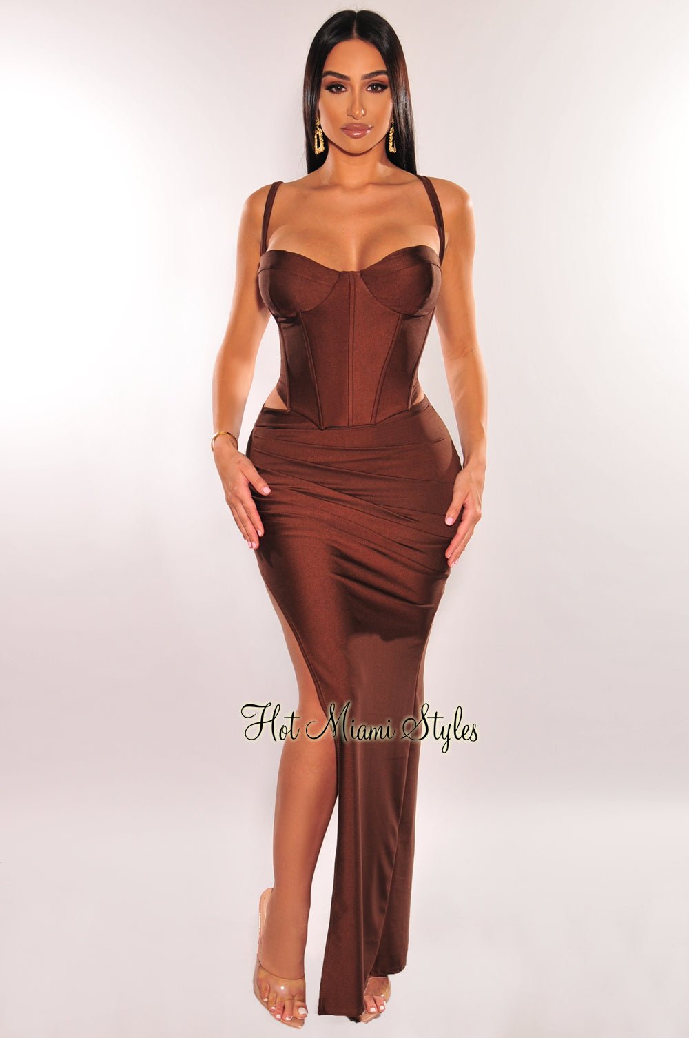 Sexy Chocolate Brown Corset & Slit Skirt Two Piece Set - Padded Boned Bustier with Spaghetti Straps & Ruched Mini Skirt for Women | Clubwear, Date Night, Cosplay, Boudoir Photoshoot