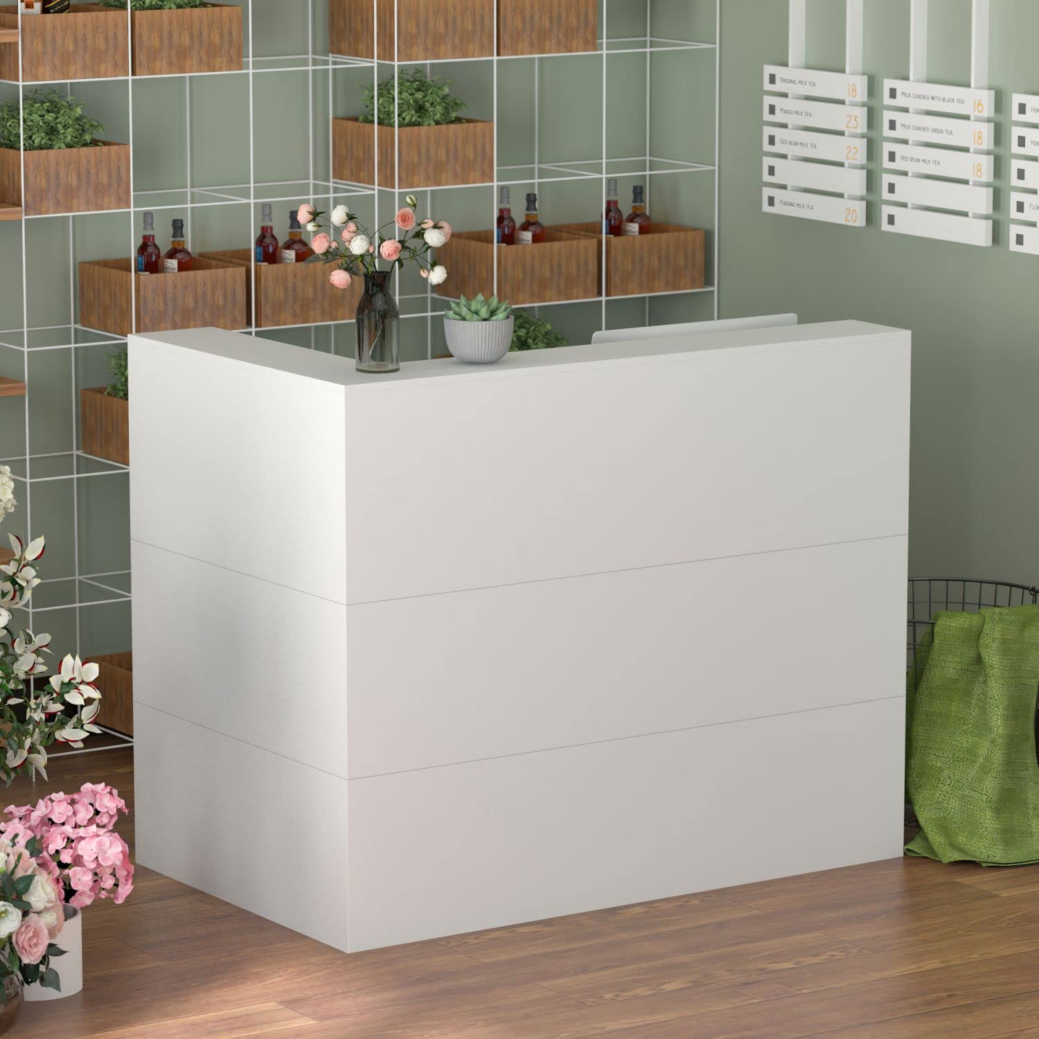 Modern Reception Desk with Large Storage Shelves & Drawers - White Front Office Counter for Lobby, Clinic & Retail Stores | FAMAPY Contemporary Receptionist Workstation
