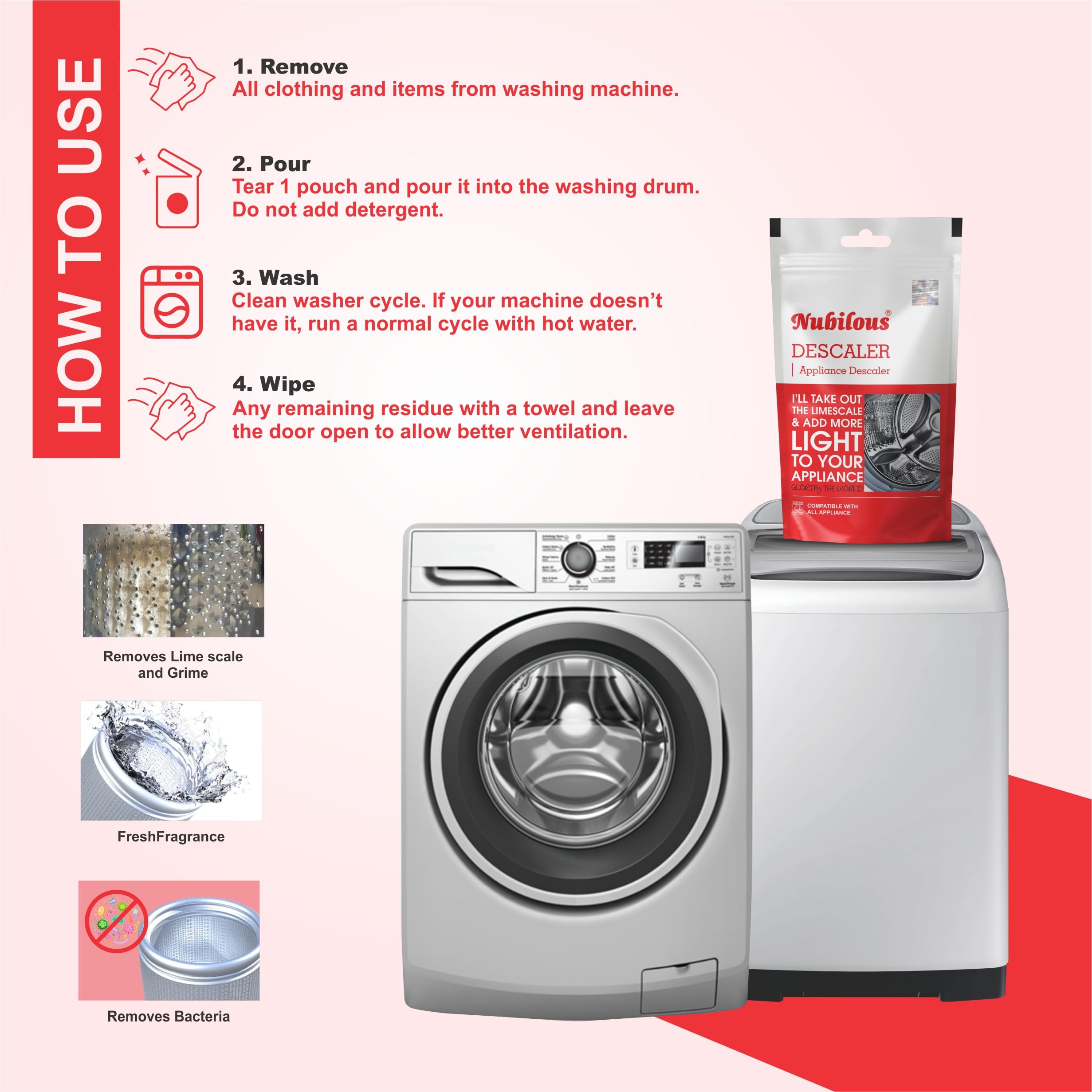 Nubilous Washing Machine Cleaner & Descaler - 100g Powder for Front Load & Top Load Washers - Removes Odor, Limescale & Buildup - Ideal for Laundry, Home & Apartment Use