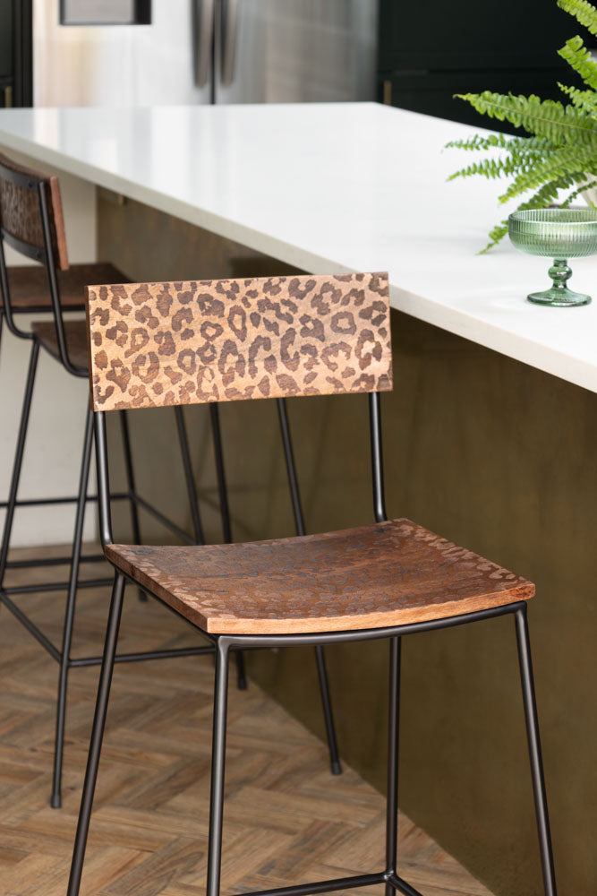 Natural Leopard Print Bar Stool - Modern Faux Leather Counter Height Stool for Kitchen, Dining Room & Home Bar Decor