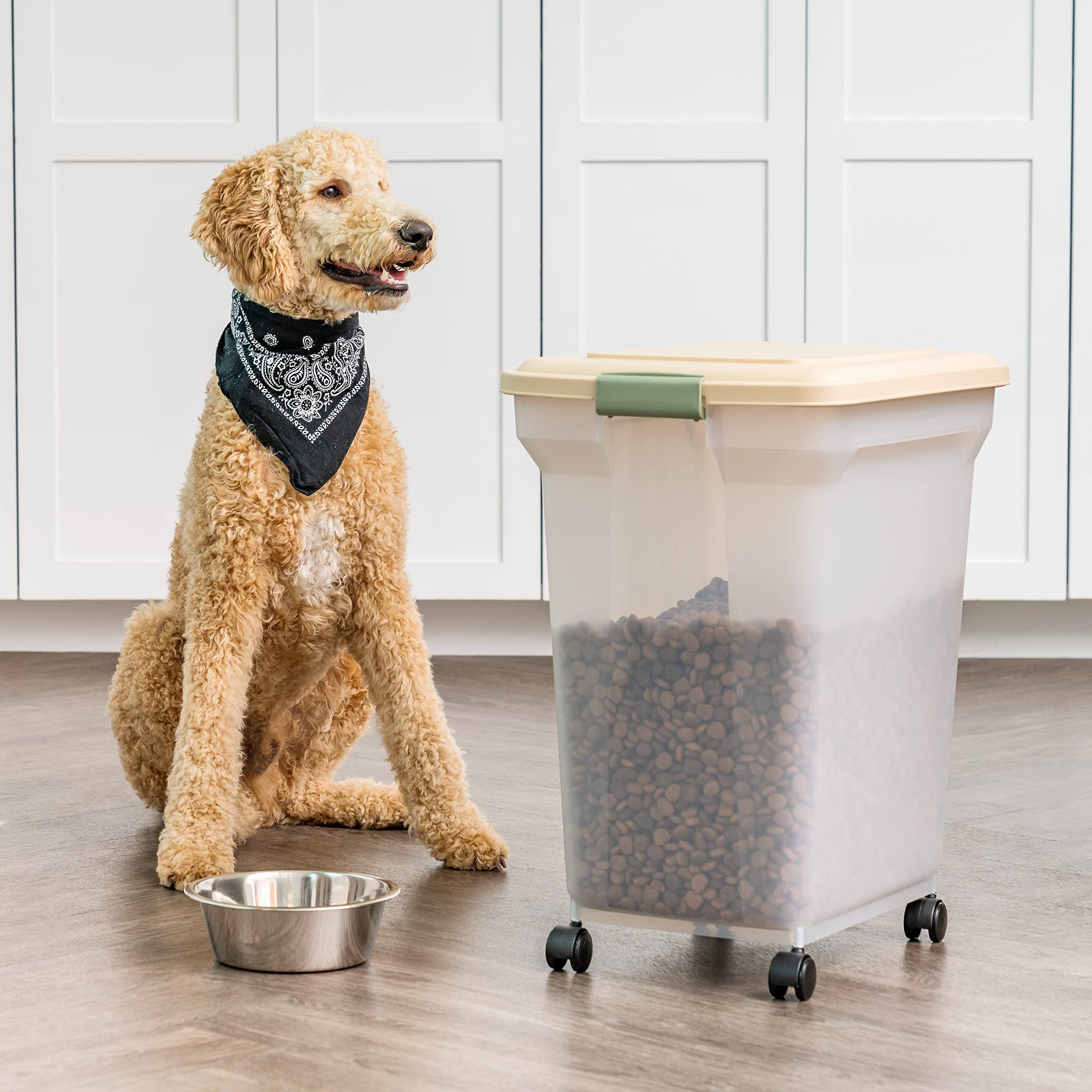 IRIS USA WeatherPro Airtight Pet Food Storage Container - 58 lbs Capacity with Wheels for Easy Mobility | Translucent Design in Clear/Almond | Keep Dog, Cat & Bird Food Fresh | Ideal for Home, Garage or Pet Store Storage