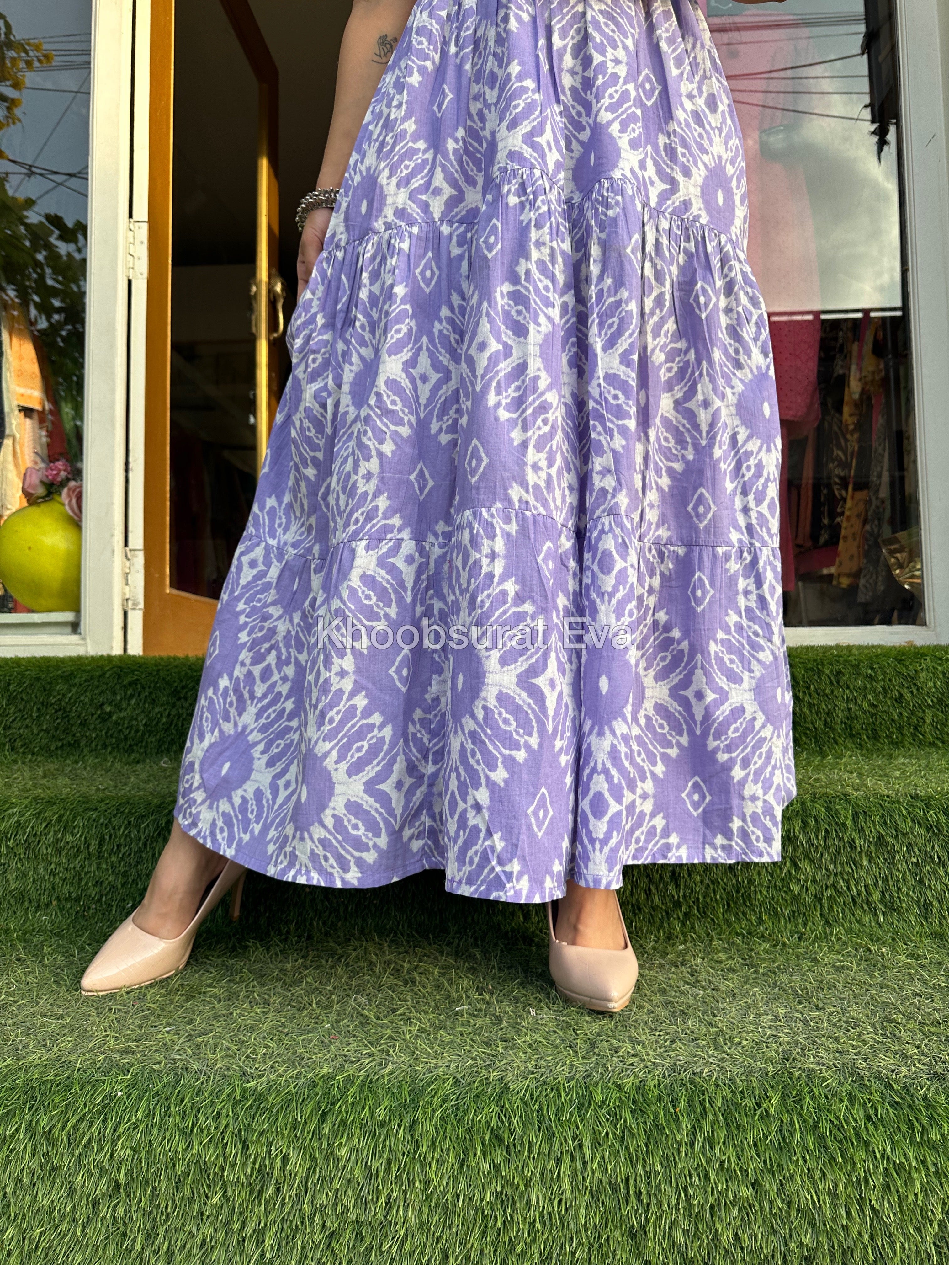 Elegant Purple Cotton Tiered Maxi Dress for Women - Boho Summer Beach Dress for Vacation, Party & Casual Wear