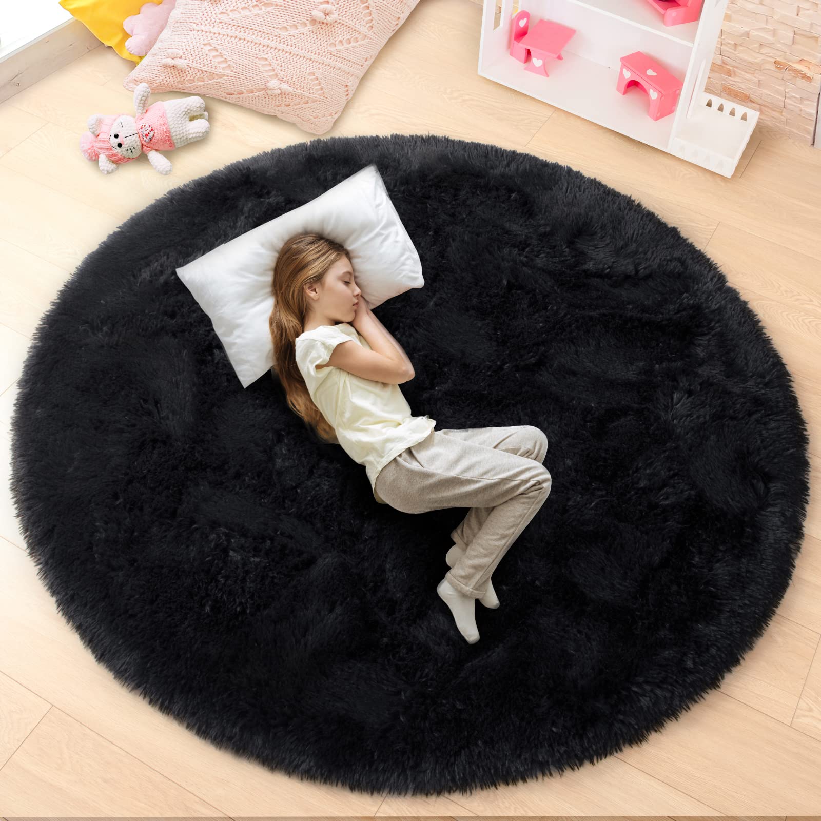 **Junovo 5x5 Feet Round Fluffy Soft Area Rug - Plush Shaggy Carpet for Kids Room, Nursery, Girls Bedroom & Home Decor | Princess Castle Design, Cute Circle Rug for Playroom, Baby Room & Cozy Spaces (Black)**