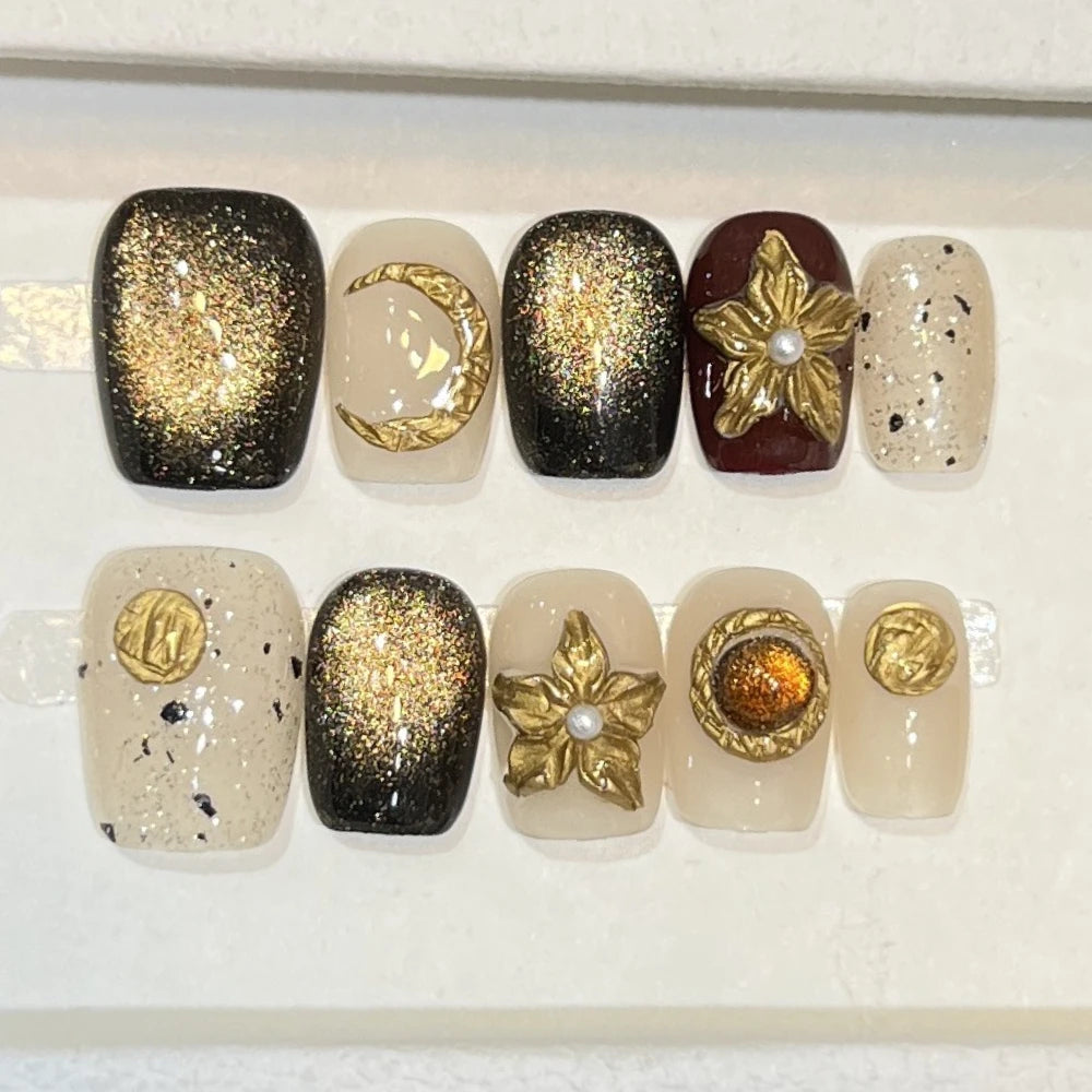 10Pcs Handmade Short Square Fake Nails - French Gold Flower Cat Eye Press on Nails Full Cover with Sun Moon Starlight Design | Wearable Manicure for Parties, Weddings & Special Occasions