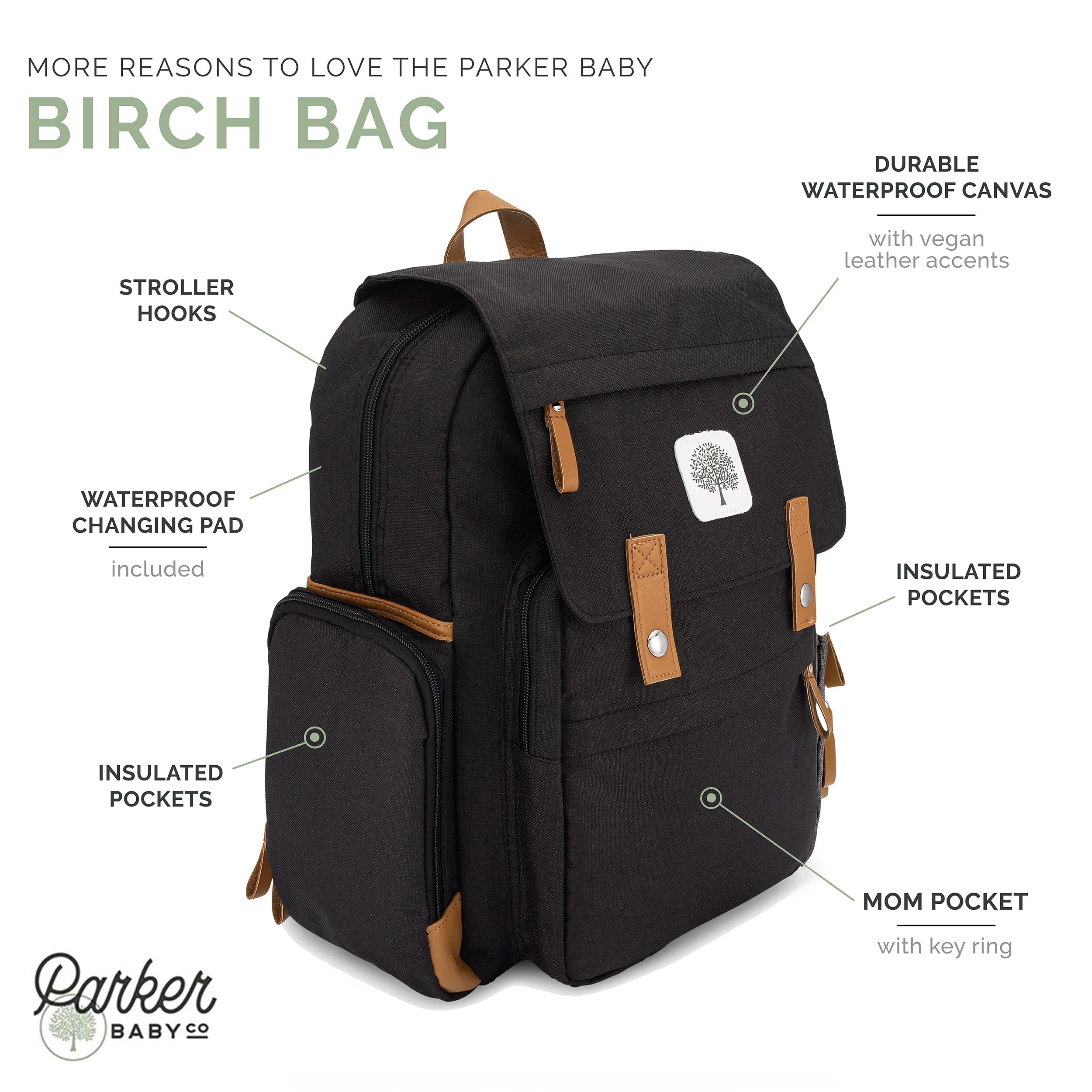 Parker Baby Co. Large Diaper Backpack with Insulated Pockets, Stroller Straps & Changing Pad - Waterproof Baby Bag for Travel, Daycare & Outings - Black Birch Design