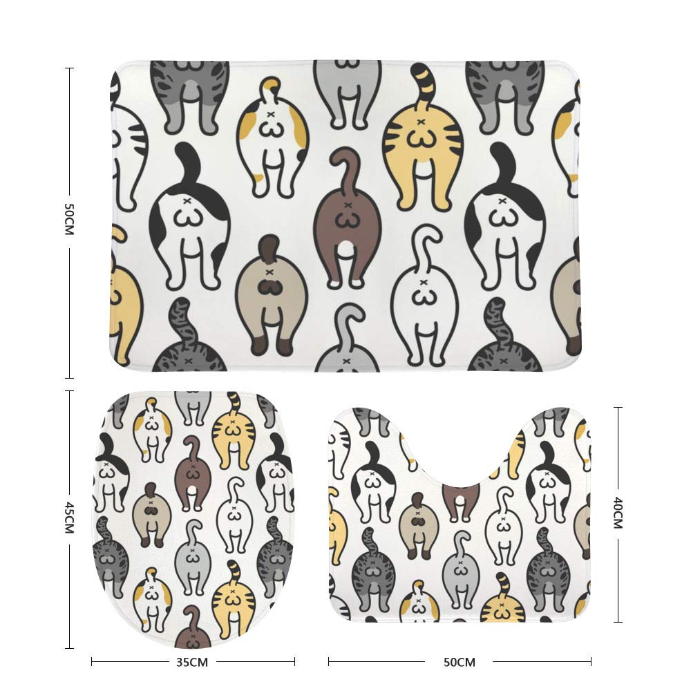 Kuizee 3-Piece Bath Rug Set - Non-Slip Cat Kitten Butt Design U-Shaped Contour Mat & O-Shaped Toilet Cover - Soft Coral Velvet for Bathroom, Toilet Decor - Perfect for Kids Room, Pet Lovers Home Decor