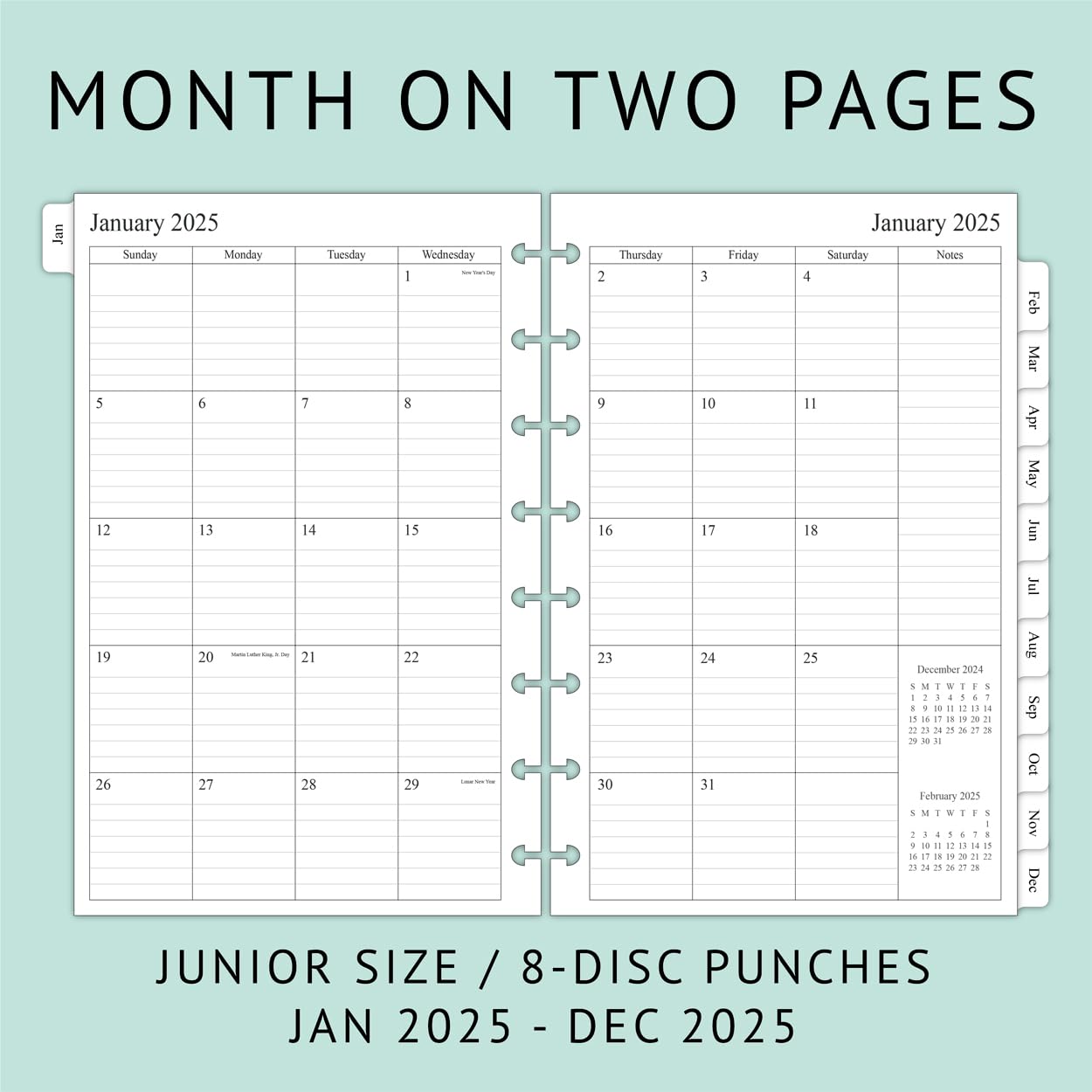 2025 Weekly & Monthly Planner Refill for 8-Discbound Planners - 2 Pages Per Week, Junior Size 5.5