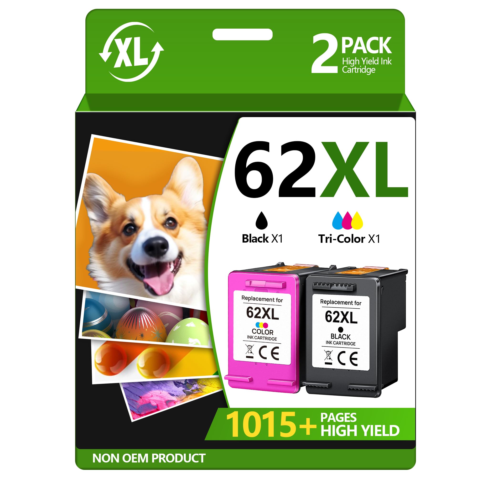 Remanufactured HP 62 & 62XL Ink Cartridge Replacement (2 Pack) - Compatible with HP Envy 5540/5549/5640/5660/7640/7645, OfficeJet 250/200/5740/5741/8040 Printers - Perfect for Home & Office Printing Needs