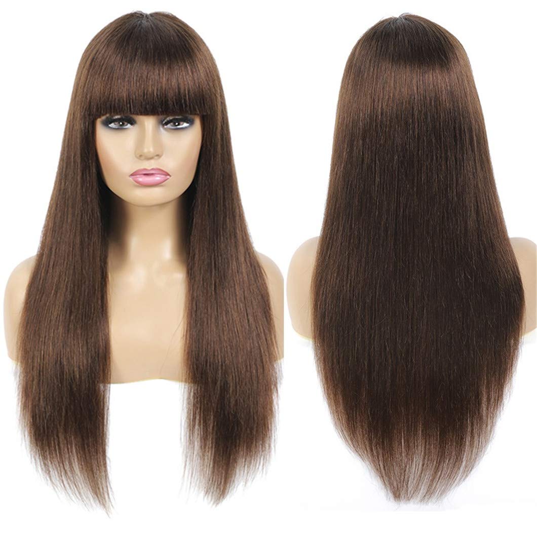 Ombre Brown Brazilian Straight Human Hair Wigs with Bangs | 100% Human Hair Machine Made Wigs for Black Women | No Lace Wig | 4-26 Inches | Fast Shipping (15-35 Days) | Perfect for Daily Wear, Cosplay & Special Occasions