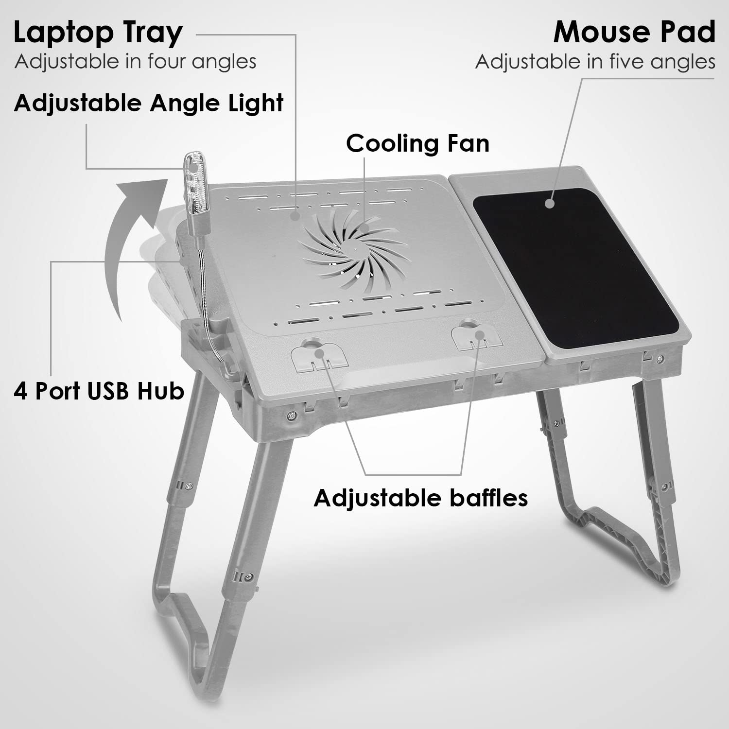 Adjustable Laptop Stand with Cooling Fan & Mouse Pad - Foldable Lap Desk with LED Light & 4 USB Ports - Portable Laptop Table for Bed, Couch, Sofa & Floor Use (Grey) - Perfect for Work, Gaming & Streaming in Bed or Living Room