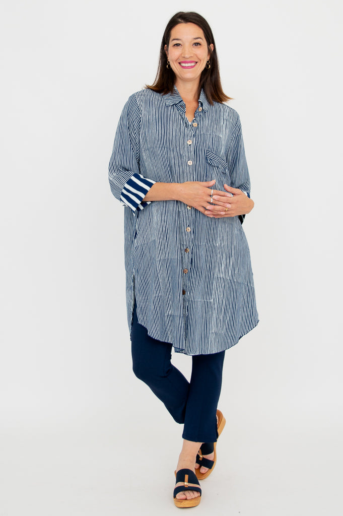 Jimal Women's Indigo Stripe Blouse - Casual Long Sleeve Button Down Shirt for Work, Office & Everyday Wear