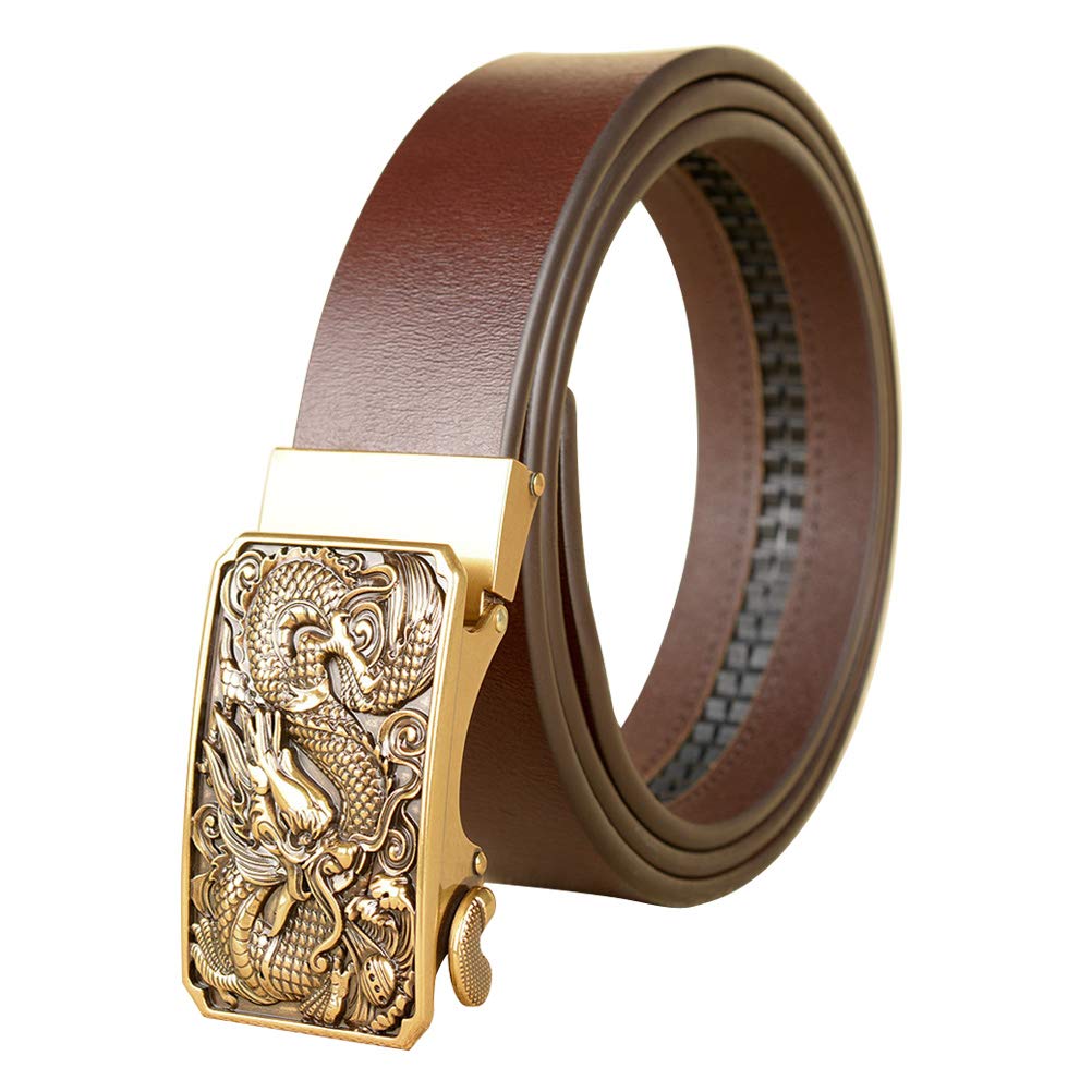 KESYOO Genuine Leather Belt for Men - Black Automatic Golden Buckle with Dragon Pattern - Stylish Dress Belt for Office, Casual & Formal Wear