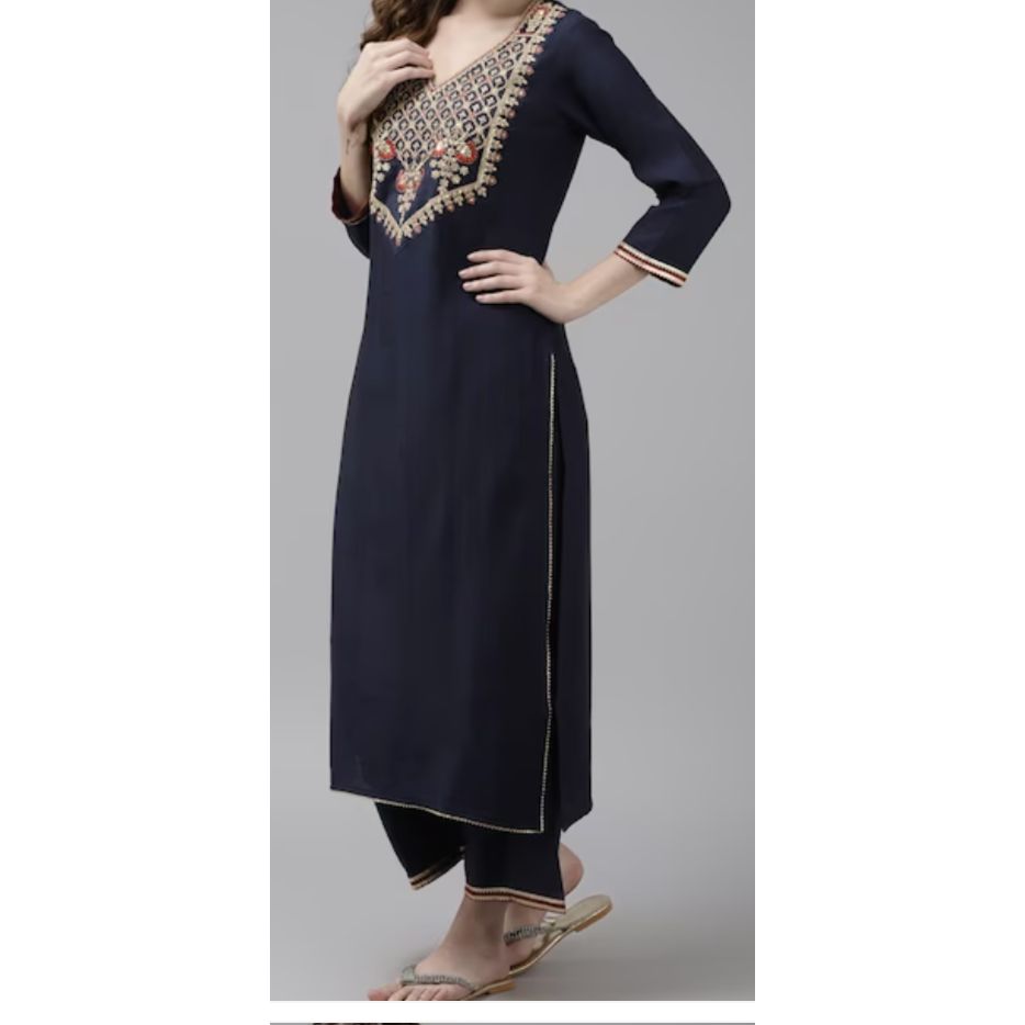 Elegant Navy Blue Embroidered Kurta Set with Yoke, Palazzos & Dupatta - Traditional Indian Outfit for Women - Perfect for Weddings, Festivals & Special Occasions