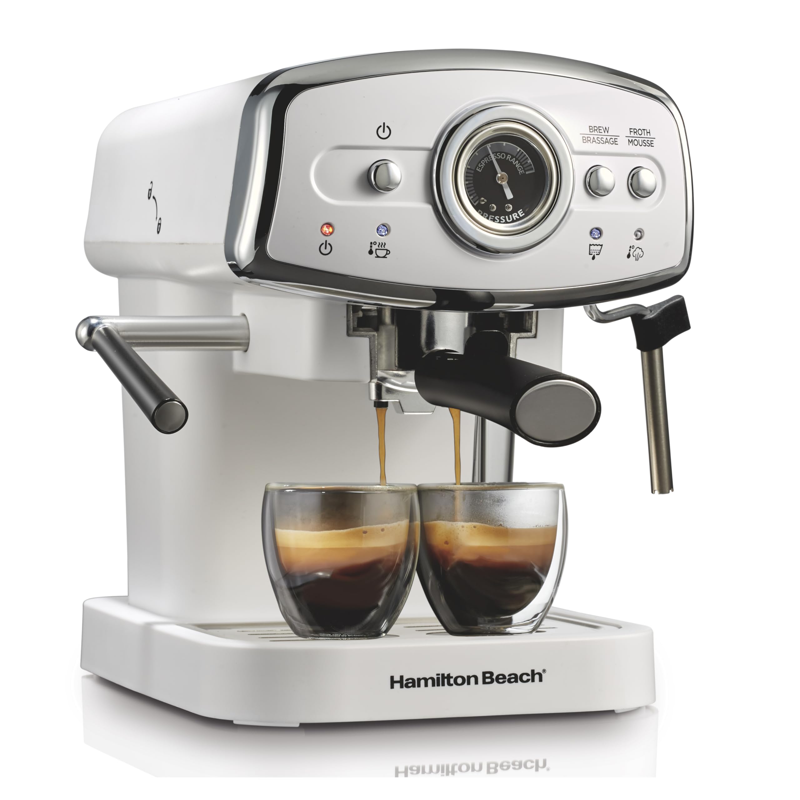 Hamilton Beach 15 Bar Espresso Machine with Milk Frother - Compact Slide & Lock Design for Cappuccino & Latte - Removable Water Reservoir & Dual Spouts - Retro White (40731) - Perfect for Home Coffee Bars & Small Kitchens