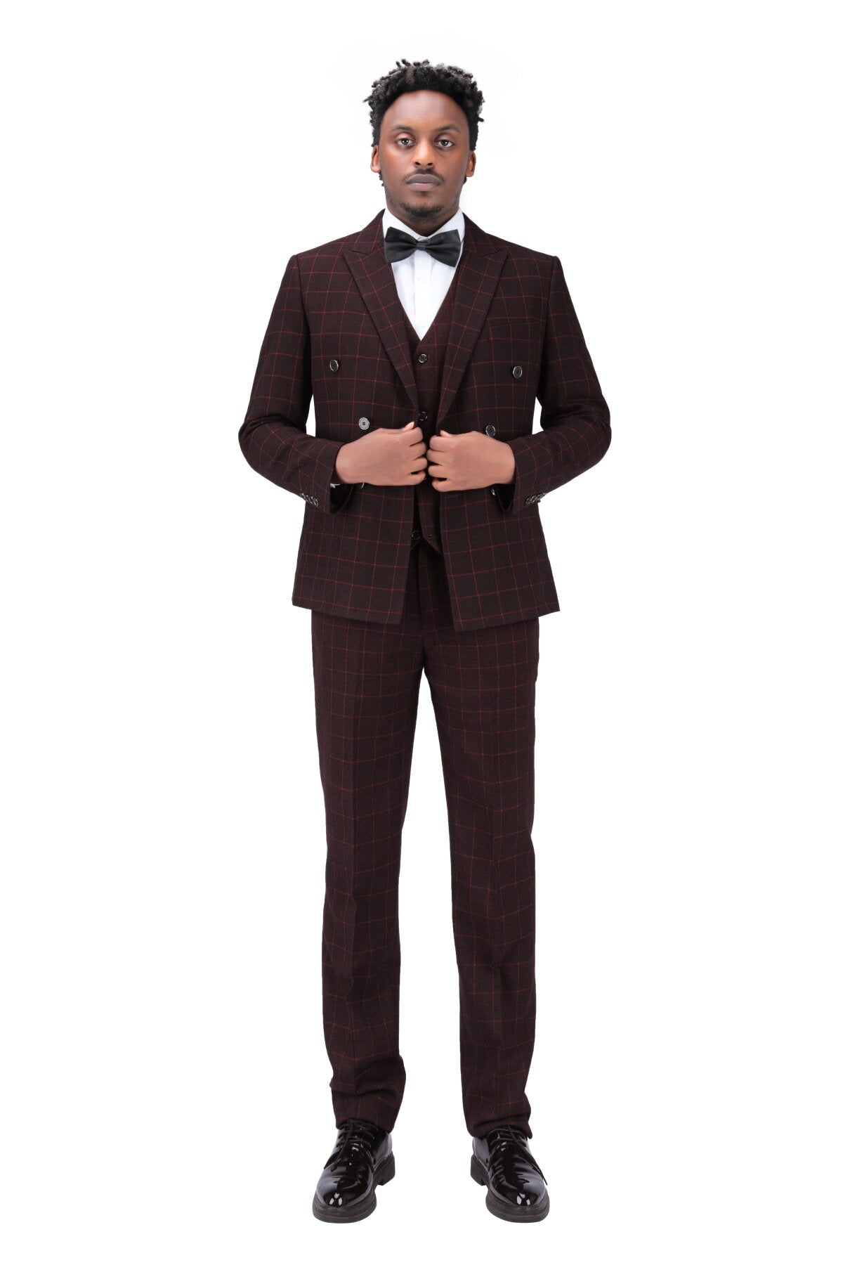 3 Piece Slim Fit Double Breasted Plaid Red Suit for Men - Formal Business Attire, Wedding, Office & Special Occasions