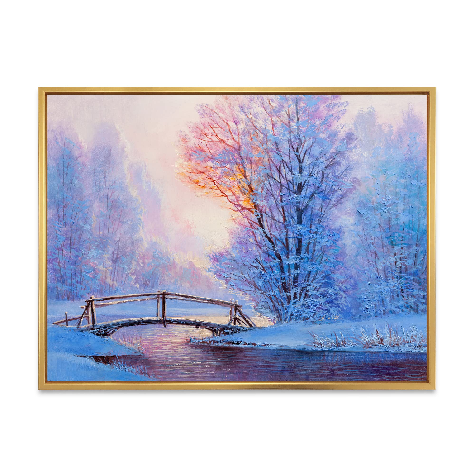Winter Landscape With River and Bridge - Lake House Framed Canvas Wall Art Print for Living Room, Bedroom & Office Decor
