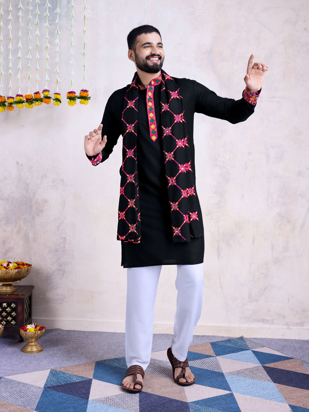 Black Men's Ready-Made Kurta with Dupatta - Mirror Embroidery Work for Weddings, Festivals & Special Occasions