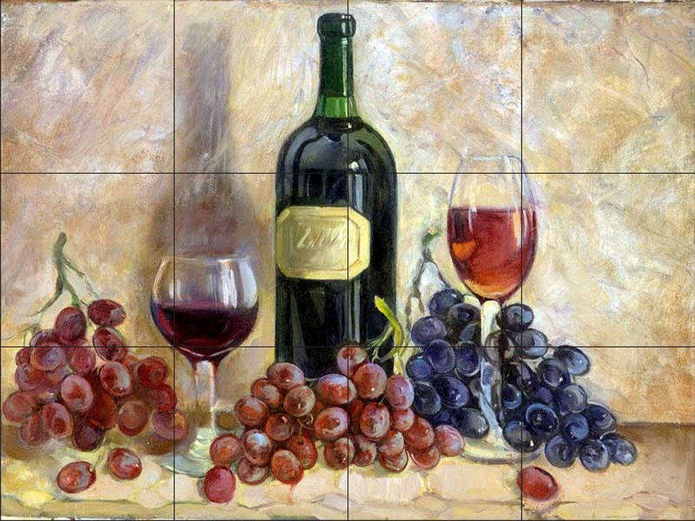 Wine Themed Ceramic Backsplash Tile Mural - Elegant Grapes & Wine Decor for Kitchen | Perfect for Wine Cellars, Bars & Tuscan Style Kitchens